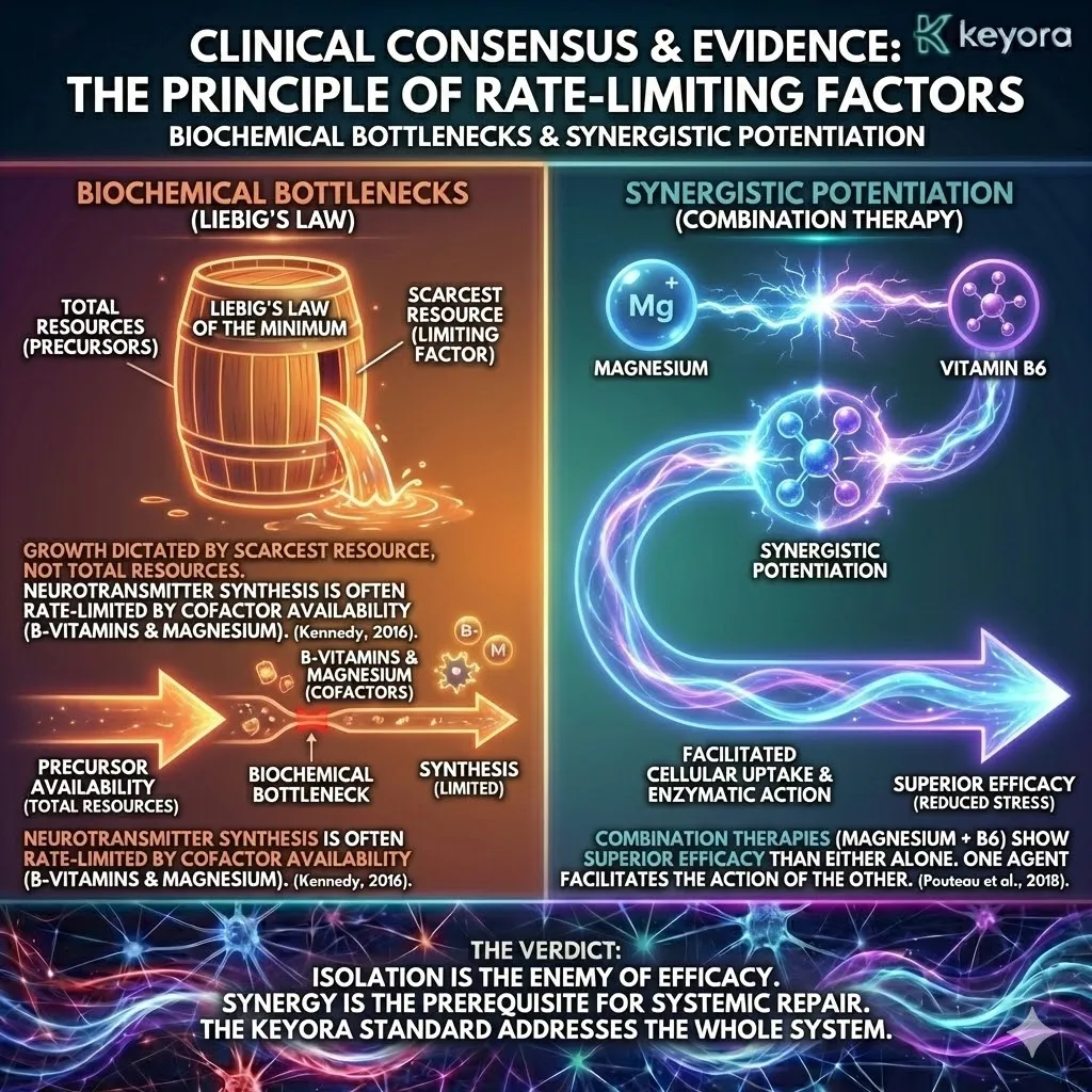 High-density 3D schematic mapping Liebig’s Law of the Minimum within neurochemistry. The render illustrates Biochemical Bottlenecks where neurotransmitter synthesis is stalled by the scarcity of B-Vitamin and Magnesium cofactors despite high precursor availability. It renders Synergistic Potentiation, showing how the MoodFlow Matrix facilitates cellular uptake and enzymatic action through coordinated nutrient delivery. This architecture demonstrates that isolation leads to systemic stagnation, while synergy serves as the non-negotiable prerequisite for restoring the Four-Drive System to a state of neurological sovereignty. High-density 3D schematic mapping Liebig’s Law of the Minimum within neurochemistry. The render illustrates Biochemical Bottlenecks where neurotransmitter synthesis is stalled by the scarcity of B-Vitamin and Magnesium cofactors despite high precursor availability. It renders Synergistic Potentiation, showing how the MoodFlow Matrix facilitates cellular uptake and enzymatic action through coordinated nutrient delivery. This architecture demonstrates that isolation leads to systemic stagnation, while synergy serves as the non-negotiable prerequisite for restoring the Four-Drive System to a state of neurological sovereignty.