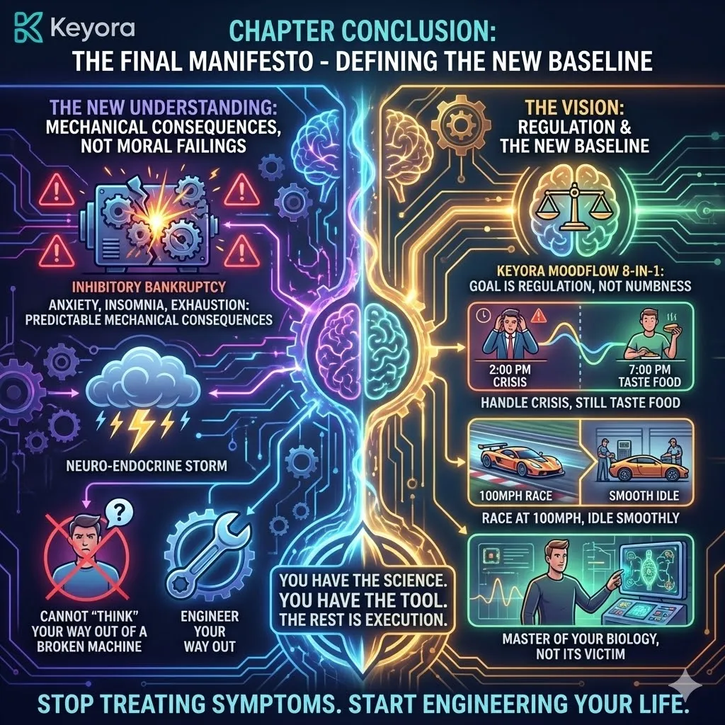 High-density 3D visual of the Final Manifesto, symbolizing the transition from Inhibitory Bankruptcy to the New Baseline. The render illustrates a neural synapse moving from the chaotic static of the Neuro-Endocrine Storm to a state of high-fidelity regulation and neurological sovereignty. The schematic maps the synthesis of the Four-Drive System, where the machine is re-engineered to handle high-performance stress while maintaining the capacity for systemic repair and restorative stillness. This layout captures the shift from biological victimhood to biological mastery through the architecture of the MoodFlow Matrix. High-density 3D visual of the Final Manifesto, symbolizing the transition from Inhibitory Bankruptcy to the New Baseline. The render illustrates a neural synapse moving from the chaotic static of the Neuro-Endocrine Storm to a state of high-fidelity regulation and neurological sovereignty. The schematic maps the synthesis of the Four-Drive System, where the machine is re-engineered to handle high-performance stress while maintaining the capacity for systemic repair and restorative stillness. This layout captures the shift from biological victimhood to biological mastery through the architecture of the MoodFlow Matrix.