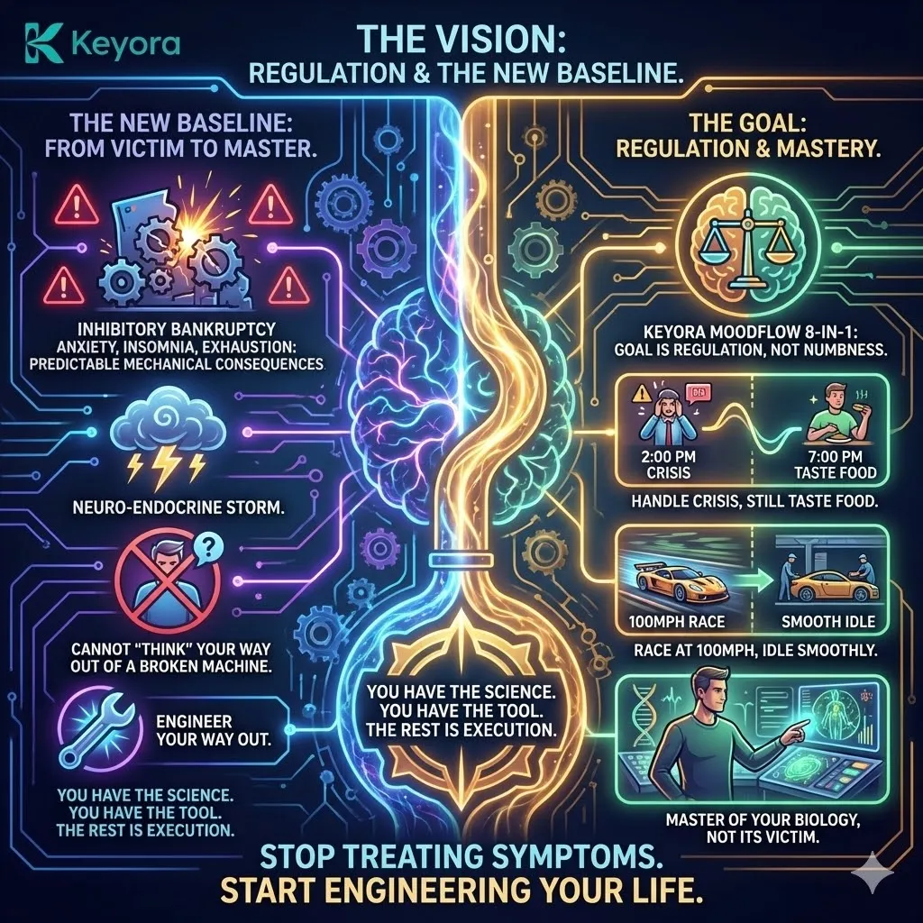 High-density 3D visual of the Final Manifesto, mapping the transition from Inhibitory Bankruptcy to the New Baseline. The render illustrates a neural synapse transitioning from the chaotic static of the Neuro-Endocrine Storm to a state of high-fidelity regulation and neurological sovereignty. This architecture captures the synthesis of the Four-Drive System, where the biology is re-engineered to maintain high-performance output while preserving the capacity for systemic repair and restorative stillness. High-density 3D visual of the Final Manifesto, mapping the transition from Inhibitory Bankruptcy to the New Baseline. The render illustrates a neural synapse transitioning from the chaotic static of the Neuro-Endocrine Storm to a state of high-fidelity regulation and neurological sovereignty. This architecture captures the synthesis of the Four-Drive System, where the biology is re-engineered to maintain high-performance output while preserving the capacity for systemic repair and restorative stillness.