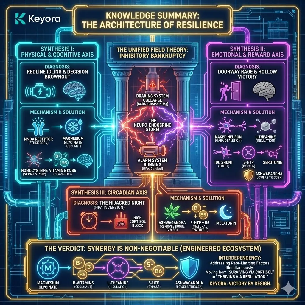 High-density 3D visual of the Architecture of Resilience, rendering the synthesis of the three biological axes into a unified state of neurological sovereignty. The schematic illustrates the transition from the fragmented chaos of Inhibitory Bankruptcy—characterized by NMDA excitotoxicity, the IDO Shunt, and HPA inversion—to a regulated Engineered Ecosystem. This layout maps the MoodFlow 8-in-1 Matrix as a strategic counter-measure, restoring the systemic "Braking System" and establishing a New Baseline where high-performance output is balanced by structural repair and rhythmic integrity. High-density 3D visual of the Architecture of Resilience, rendering the synthesis of the three biological axes into a unified state of neurological sovereignty. The schematic illustrates the transition from the fragmented chaos of Inhibitory Bankruptcy—characterized by NMDA excitotoxicity, the IDO Shunt, and HPA inversion—to a regulated Engineered Ecosystem. This layout maps the MoodFlow 8-in-1 Matrix as a strategic counter-measure, restoring the systemic "Braking System" and establishing a New Baseline where high-performance output is balanced by structural repair and rhythmic integrity.