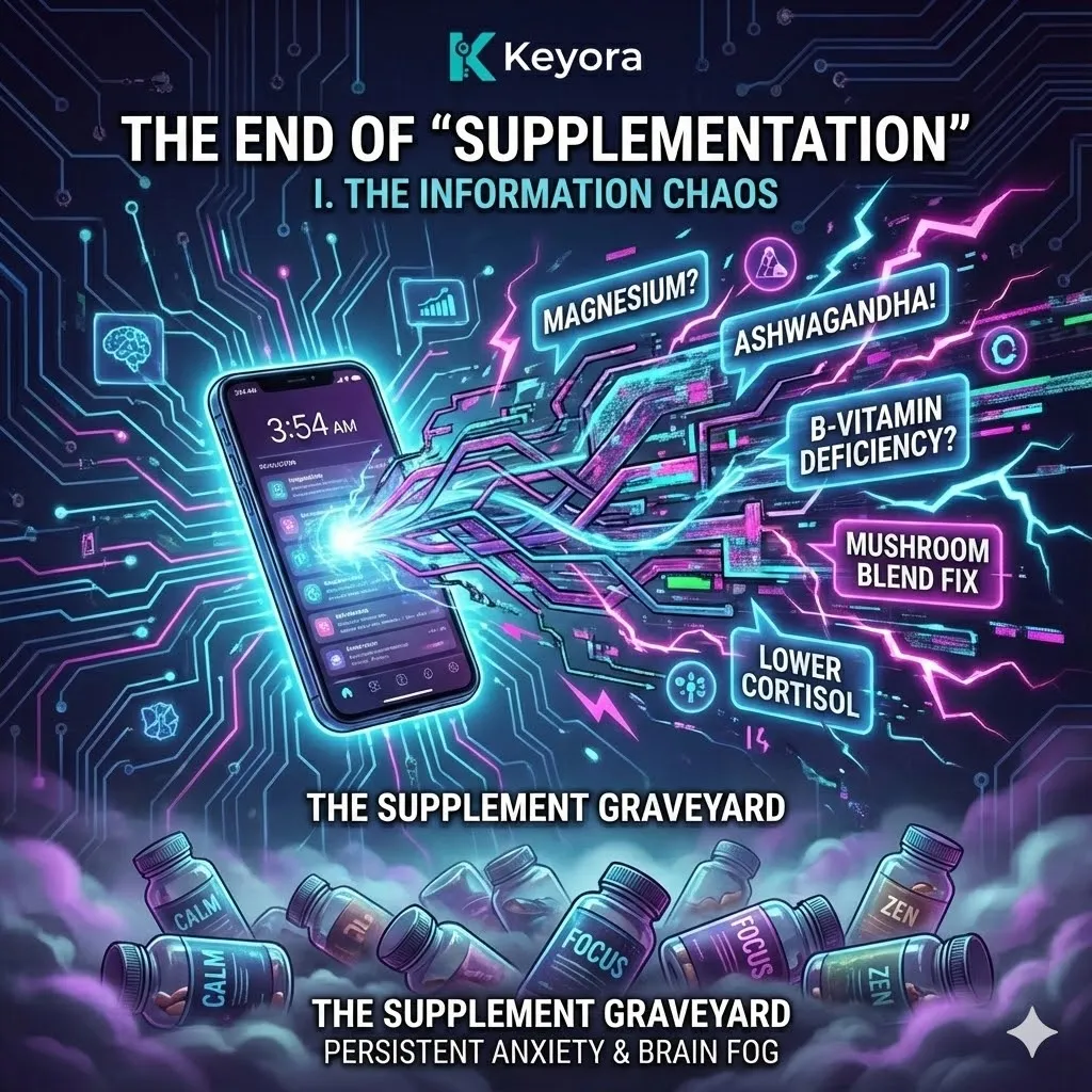 High-end scientific visual depicting the transition from Information Chaos to neurological sovereignty via the Four-Drive System. The 3D render illustrates a neural synapse where Magnesium Glycinate and ATP Synthesis modules stabilize a Neuro-Endocrine Storm. This molecular architecture replaces the Supplement Graveyard with a strategic blueprint for Cortisol Regulation and Neuroplasticity, utilizing bioluminescent golden roots to signify Energy Activation and the restoration of systemic cellular equilibrium. High-end scientific visual depicting the transition from Information Chaos to neurological sovereignty via the Four-Drive System. The 3D render illustrates a neural synapse where Magnesium Glycinate and ATP Synthesis modules stabilize a Neuro-Endocrine Storm. This molecular architecture replaces the Supplement Graveyard with a strategic blueprint for Cortisol Regulation and Neuroplasticity, utilizing bioluminescent golden roots to signify Energy Activation and the restoration of systemic cellular equilibrium.