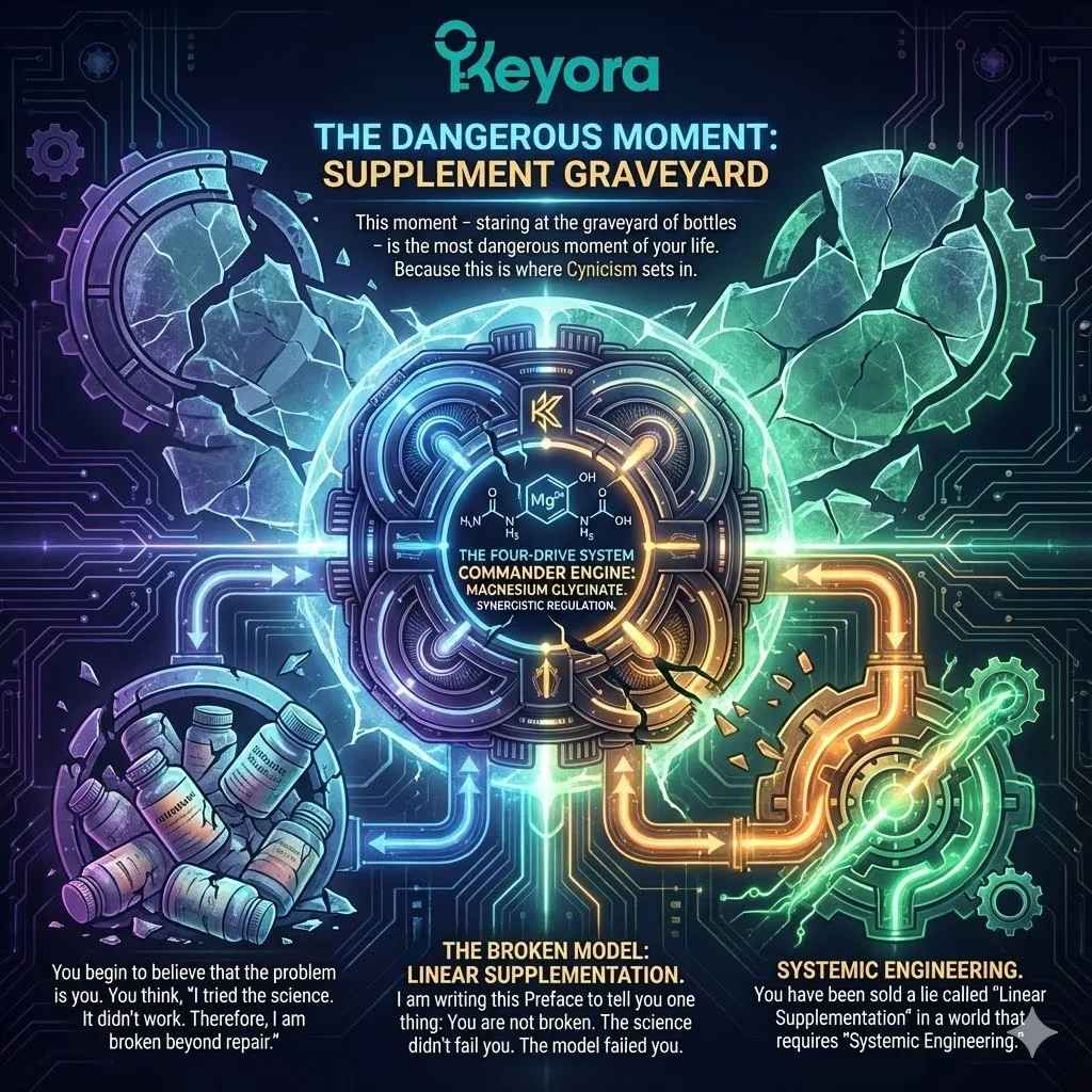 High-end scientific visual illustrating the transition from Linear Supplementation to Systemic Engineering within the Four-Drive System. The 3D render depicts a neural synapse undergoing Energy Activation, where glowing golden roots replace the fragmented failures of the Supplement Graveyard. This macro-realistic schematic maps the integration of Magnesium Glycinate and ATP Synthesis to stabilize the Neuro-Endocrine Storm, providing a strategic blueprint for Neuroplasticity and the reclamation of neurological sovereignty. High-end scientific visual illustrating the transition from Linear Supplementation to Systemic Engineering within the Four-Drive System. The 3D render depicts a neural synapse undergoing Energy Activation, where glowing golden roots replace the fragmented failures of the Supplement Graveyard. This macro-realistic schematic maps the integration of Magnesium Glycinate and ATP Synthesis to stabilize the Neuro-Endocrine Storm, providing a strategic blueprint for Neuroplasticity and the reclamation of neurological sovereignty.