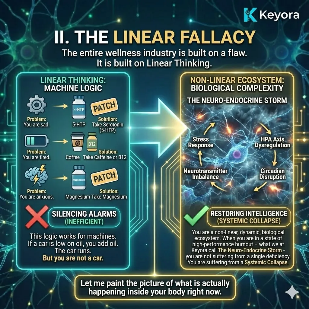 High-end scientific visual illustrating the transition from Linear Thinking to Systemic Engineering within the human biological ecosystem. The 3D render contrasts fragmented mechanical metaphors with a hyper-realistic neural synapse undergoing Energy Activation. Glowing golden roots symbolize the integration of Magnesium Glycinate and ATP Synthesis to stabilize the Neuro-Endocrine Storm. This structural mapping matrix defines the Four-Drive System as the strategic blueprint for resolving Systemic Collapse and achieving neurological sovereignty. High-end scientific visual illustrating the transition from Linear Thinking to Systemic Engineering within the human biological ecosystem. The 3D render contrasts fragmented mechanical metaphors with a hyper-realistic neural synapse undergoing Energy Activation. Glowing golden roots symbolize the integration of Magnesium Glycinate and ATP Synthesis to stabilize the Neuro-Endocrine Storm. This structural mapping matrix defines the Four-Drive System as the strategic blueprint for resolving Systemic Collapse and achieving neurological sovereignty.