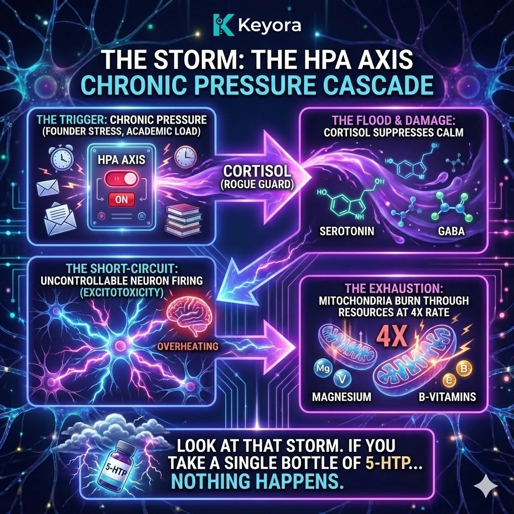 High-end scientific editorial visual of the Neuro-Endocrine Storm within the HPA Axis. This 3D render depicts the Short-Circuit of excitotoxicity where neurons fire uncontrollably due to GABA suppression. Vibrant electric gold bioluminescence represents the rapid depletion of Magnesium and B-Vitamins as mitochondria attempt to sustain the Rogue Guard flood of Cortisol. The composition functions as a strategic mapping matrix showing why Linear Supplementation fails to counteract the systemic exhaustion of ATP Synthesis. High-end scientific editorial visual of the Neuro-Endocrine Storm within the HPA Axis. This 3D render depicts the Short-Circuit of excitotoxicity where neurons fire uncontrollably due to GABA suppression. Vibrant electric gold bioluminescence represents the rapid depletion of Magnesium and B-Vitamins as mitochondria attempt to sustain the Rogue Guard flood of Cortisol. The composition functions as a strategic mapping matrix showing why Linear Supplementation fails to counteract the systemic exhaustion of ATP Synthesis.