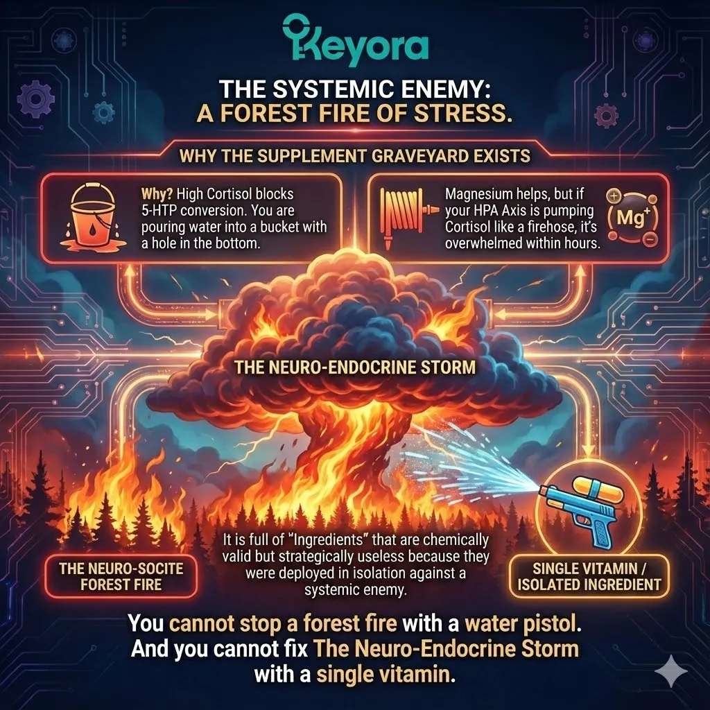 High-end scientific visual illustrating the failure of Linear Supplementation against a Systemic Enemy. The 3D render depicts the HPA Axis pumping Cortisol like a firehose, overwhelming isolated Magnesium molecules. This strategic mapping matrix shows the metabolic bucket with a hole, where high Cortisol blocks the conversion of 5-HTP. The composition utilizes metallic textures and cinematic lighting to demonstrate why isolated ingredients remain strategically useless against the Neuro-Endocrine Storm without Systemic Engineering. High-end scientific visual illustrating the failure of Linear Supplementation against a Systemic Enemy. The 3D render depicts the HPA Axis pumping Cortisol like a firehose, overwhelming isolated Magnesium molecules. This strategic mapping matrix shows the metabolic bucket with a hole, where high Cortisol blocks the conversion of 5-HTP. The composition utilizes metallic textures and cinematic lighting to demonstrate why isolated ingredients remain strategically useless against the Neuro-Endocrine Storm without Systemic Engineering.