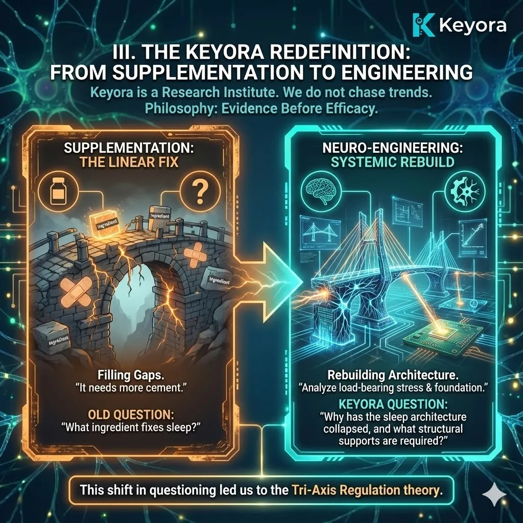 High-end scientific editorial visual contrasting the collapsing bridge of linear thinking with the Neuro-Engineering architecture of the Keyora Research Institute. The 3D render features a neural synapse where structural supports are integrated into the Four-Drive System to rebuild sleep architecture. Metallic textures and vibrant electric gold lighting highlight the Tri-Axis Regulation theory, mapping the mechanism of action required to restore foundation stability and neurological sovereignty against the load-bearing stress of burnout. High-end scientific editorial visual contrasting the collapsing bridge of linear thinking with the Neuro-Engineering architecture of the Keyora Research Institute. The 3D render features a neural synapse where structural supports are integrated into the Four-Drive System to rebuild sleep architecture. Metallic textures and vibrant electric gold lighting highlight the Tri-Axis Regulation theory, mapping the mechanism of action required to restore foundation stability and neurological sovereignty against the load-bearing stress of burnout.