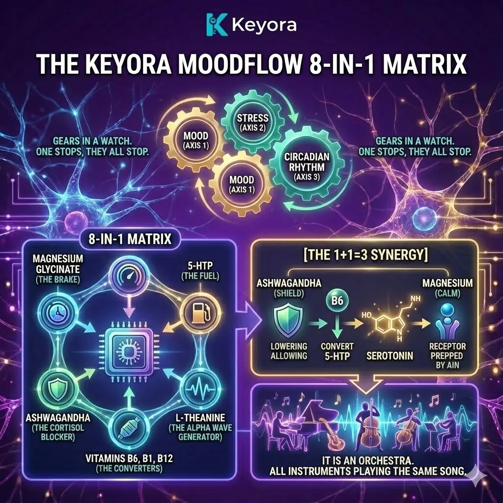 High-end scientific editorial visual of the Keyora MoodFlow 8-in-1 Matrix illustrating the 1+1=3 Synergy. The 3D render depicts the Tri-Axis Regulation theory as interlocking gears where Magnesium Glycinate, 5-HTP, and Ashwagandha function as a synchronized orchestra. This strategic mapping matrix shows the Ashwagandha shield lowering Cortisol to allow B-Vitamin converters to facilitate ATP Synthesis and Serotonin production. The composition highlights the architectural design of a stabilized neural synapse achieving systemic Energy Activation. High-end scientific editorial visual of the Keyora MoodFlow 8-in-1 Matrix illustrating the 1+1=3 Synergy. The 3D render depicts the Tri-Axis Regulation theory as interlocking gears where Magnesium Glycinate, 5-HTP, and Ashwagandha function as a synchronized orchestra. This strategic mapping matrix shows the Ashwagandha shield lowering Cortisol to allow B-Vitamin converters to facilitate ATP Synthesis and Serotonin production. The composition highlights the architectural design of a stabilized neural synapse achieving systemic Energy Activation.