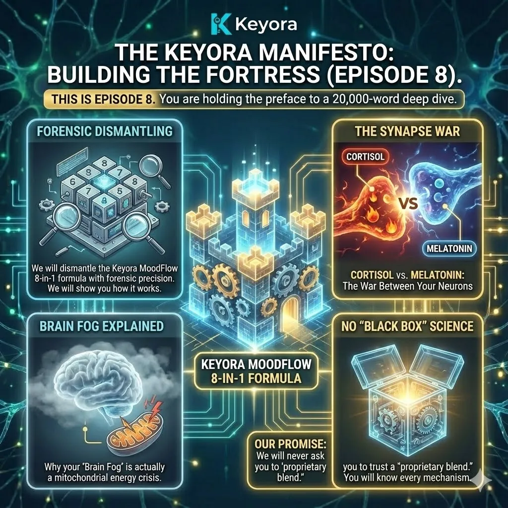 High-end scientific editorial visual of the Keyora Fortress architecture within the neural synapse. This 3D render provides a forensic view of the microscopic gap where the Four-Drive System resolves the mitochondrial energy crisis. The composition utilizes dramatic rim lighting and metallic textures to map the mechanism of ATP Synthesis and Cortisol Regulation. This functional schematic serves as a strategic mapping matrix for neurological sovereignty, deconstructing the war between Cortisol and Melatonin through the lens of Neuro-Engineering. High-end scientific editorial visual of the Keyora Fortress architecture within the neural synapse. This 3D render provides a forensic view of the microscopic gap where the Four-Drive System resolves the mitochondrial energy crisis. The composition utilizes dramatic rim lighting and metallic textures to map the mechanism of ATP Synthesis and Cortisol Regulation. This functional schematic serves as a strategic mapping matrix for neurological sovereignty, deconstructing the war between Cortisol and Melatonin through the lens of Neuro-Engineering.