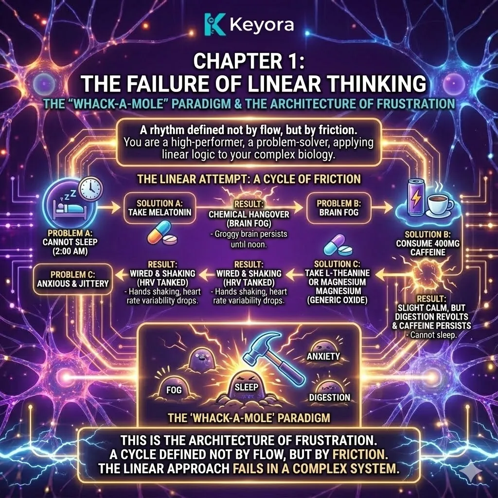 High-end scientific editorial visual illustrating the Architecture of Frustration and the failure of Linear Thinking. The 3D render depicts a neural synapse caught in a Whack-a-Mole paradigm, where isolated Melatonin and Caffeine inputs create a feedback loop of systemic friction. Metallic textures and cinematic lighting map the transition from Brain Fog to the Neuro-Endocrine Storm, showing how fragmented solutions fail to achieve Energy Activation or stabilize the Four-Drive System, resulting in Osmotic Punishment and metabolic collapse. High-end scientific editorial visual illustrating the Architecture of Frustration and the failure of Linear Thinking. The 3D render depicts a neural synapse caught in a Whack-a-Mole paradigm, where isolated Melatonin and Caffeine inputs create a feedback loop of systemic friction. Metallic textures and cinematic lighting map the transition from Brain Fog to the Neuro-Endocrine Storm, showing how fragmented solutions fail to achieve Energy Activation or stabilize the Four-Drive System, resulting in Osmotic Punishment and metabolic collapse.