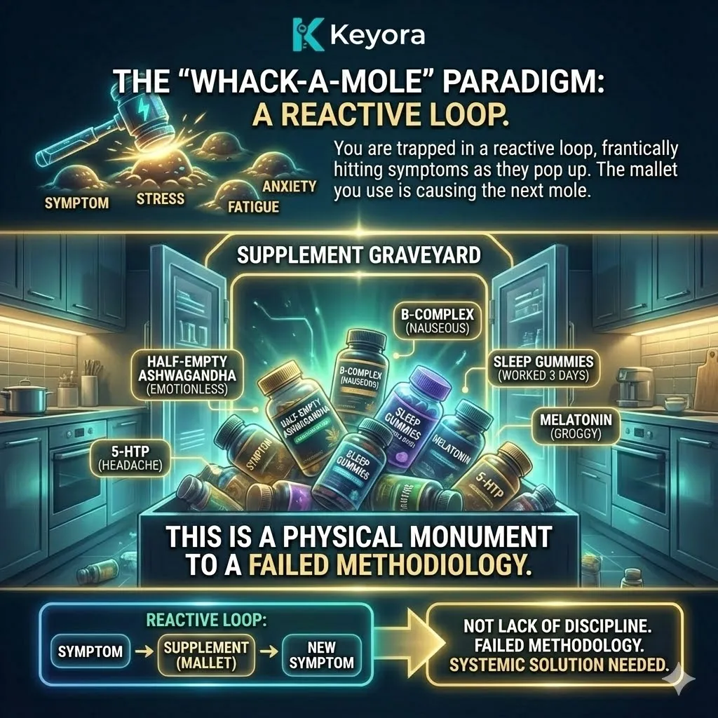 High-end scientific visual depicting the Supplement Graveyard as a physical monument to a failed methodology. The 3D render illustrates a neural synapse suffering from the Whack-a-Mole paradigm, where fragmented chemical signals create systemic friction rather than Energy Activation. This macro-realistic schematic highlights the reactive loop of the Neuro-Endocrine Storm, where isolated supplements become strategically useless artifacts. The composition contrasts the chaos of linear attempts with the structural requirement for a Systemic Regulator within the Four-Drive System. High-end scientific visual depicting the Supplement Graveyard as a physical monument to a failed methodology. The 3D render illustrates a neural synapse suffering from the Whack-a-Mole paradigm, where fragmented chemical signals create systemic friction rather than Energy Activation. This macro-realistic schematic highlights the reactive loop of the Neuro-Endocrine Storm, where isolated supplements become strategically useless artifacts. The composition contrasts the chaos of linear attempts with the structural requirement for a Systemic Regulator within the Four-Drive System.
