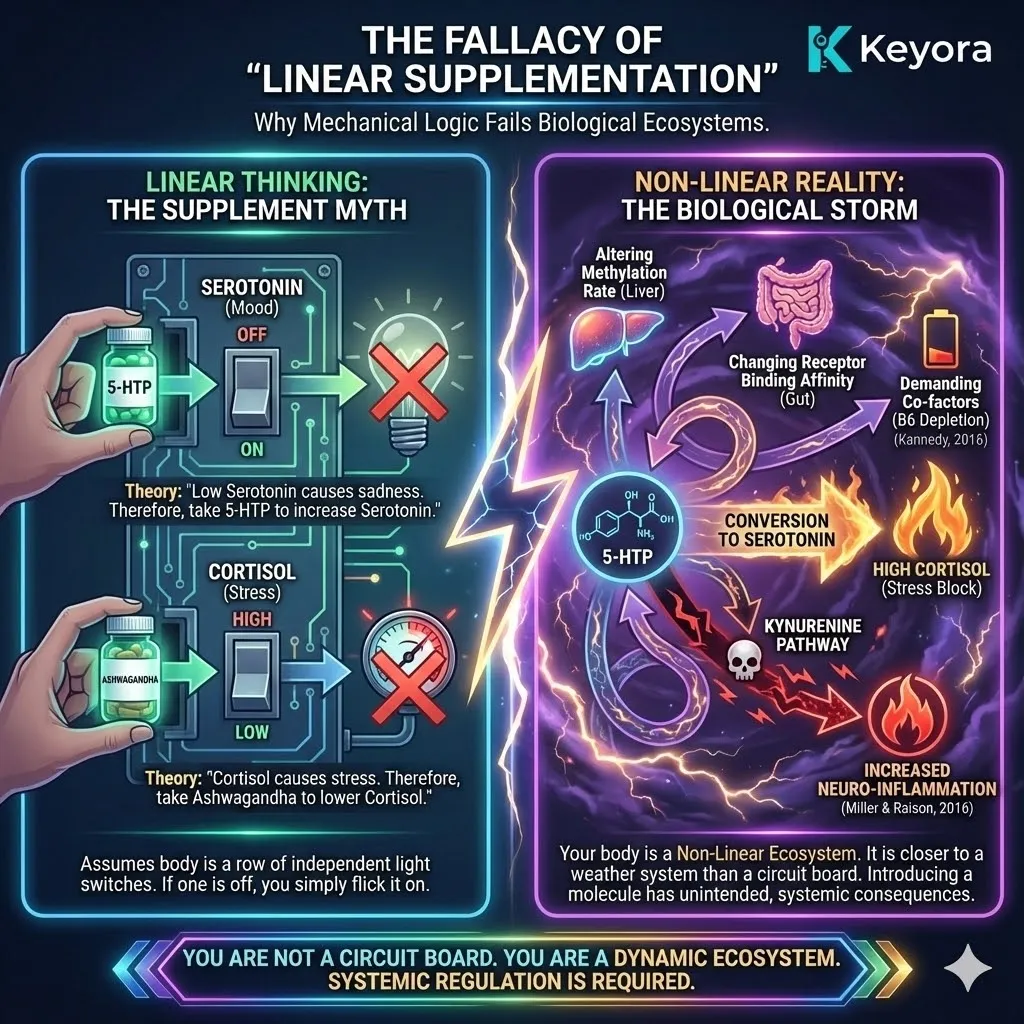 High-end scientific editorial visual contrasting Mechanical Systems with Non-Linear Biological Ecosystems. The 3D render depicts the failure of the light switch metaphor, showing how high cortisol levels physically block 5-HTP conversion into Serotonin. This strategic mapping matrix illustrates the shunting of molecules toward the Kynurenine pathway, causing neuro-inflammation. The composition highlights the mechanism of Aromatic L-amino acid decarboxylase inhibition, emphasizing the requirement for Systemic Engineering over Linear Supplementation to protect the Four-Drive System. High-end scientific editorial visual contrasting Mechanical Systems with Non-Linear Biological Ecosystems. The 3D render depicts the failure of the light switch metaphor, showing how high cortisol levels physically block 5-HTP conversion into Serotonin. This strategic mapping matrix illustrates the shunting of molecules toward the Kynurenine pathway, causing neuro-inflammation. The composition highlights the mechanism of Aromatic L-amino acid decarboxylase inhibition, emphasizing the requirement for Systemic Engineering over Linear Supplementation to protect the Four-Drive System.