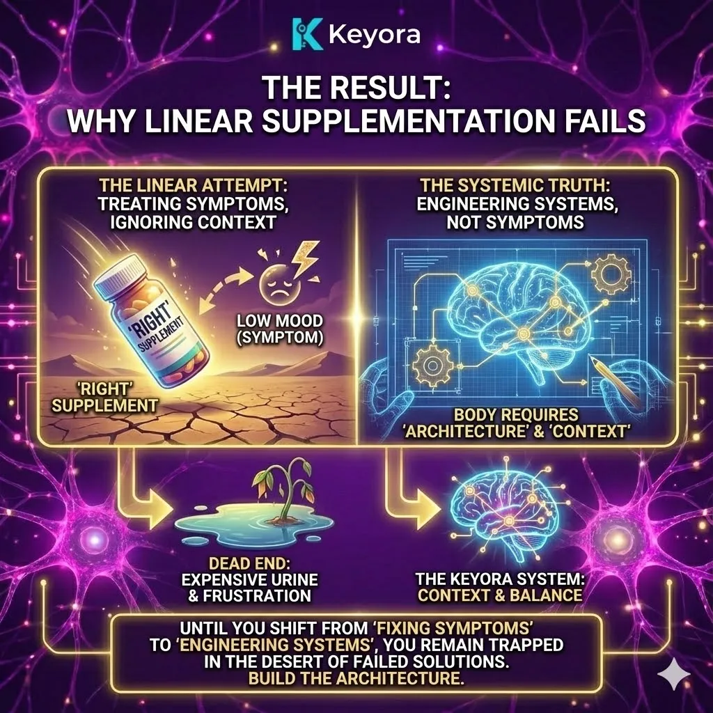 High-end scientific visual illustrating the failure of Ingredient-led supplementation versus the necessity of Systemic Architecture. The 3D render depicts a neural synapse where isolated nutrients are rendered strategically useless due to a High-Stress Environment and the Neuro-Endocrine Storm. Metallic textures and cinematic lighting show the metabolic rejection of disconnected chemical inputs, contrasting the structural requirement for a Systemic Regulator. This composition functions as a mapping matrix for the Four-Drive System, emphasizing the transition from fixing symptoms to engineering neurological sovereignty. High-end scientific visual illustrating the failure of Ingredient-led supplementation versus the necessity of Systemic Architecture. The 3D render depicts a neural synapse where isolated nutrients are rendered strategically useless due to a High-Stress Environment and the Neuro-Endocrine Storm. Metallic textures and cinematic lighting show the metabolic rejection of disconnected chemical inputs, contrasting the structural requirement for a Systemic Regulator. This composition functions as a mapping matrix for the Four-Drive System, emphasizing the transition from fixing symptoms to engineering neurological sovereignty.