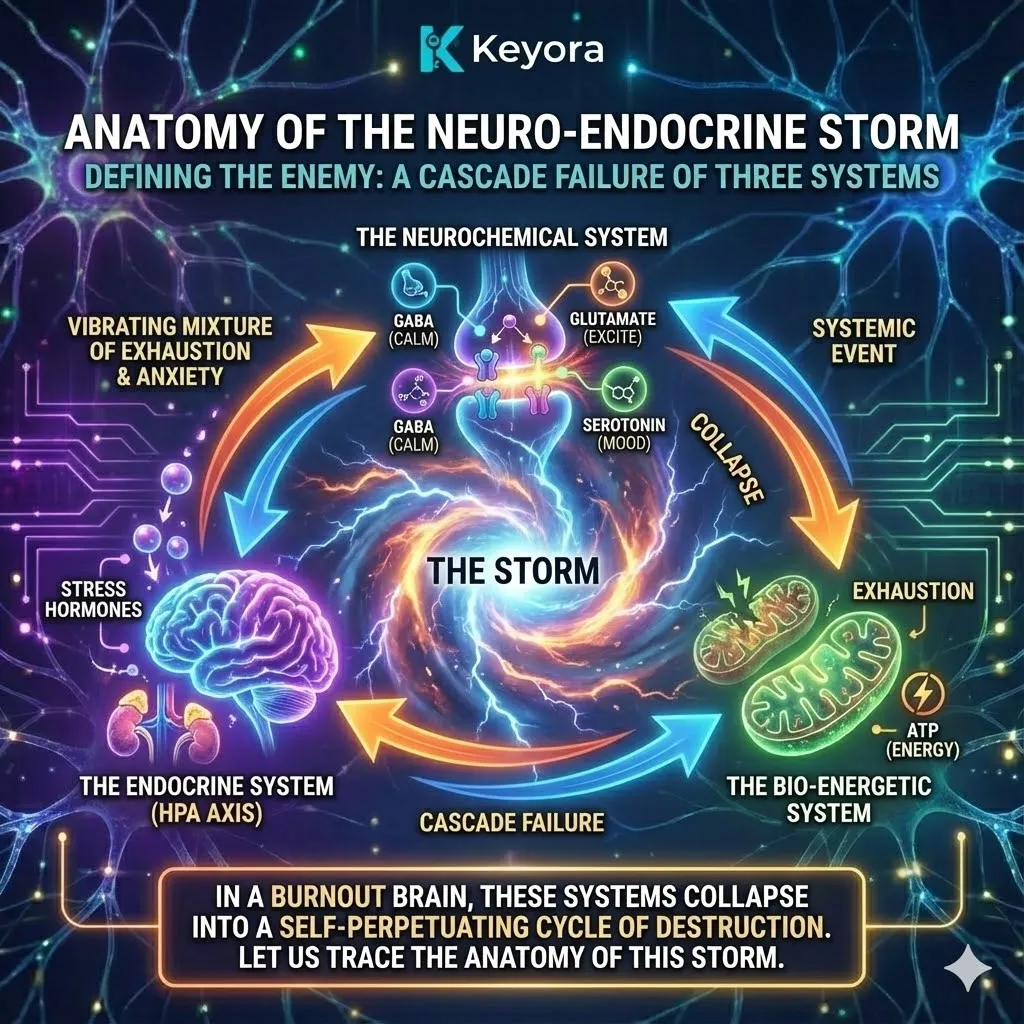 High-end scientific editorial visual defining the Neuro-Endocrine Storm as a triple-axis cascade failure. The 3D render illustrates the systemic intersection of the HPA Axis, the Neurochemical System, and the Bio-Energetic System within the neural synapse. Glowing cyan fluid represents mitochondrial ATP Synthesis, while vibrant gold fibers denote the struggle for neurological sovereignty against cortisol-induced exhaustion. This functional schematic maps the self-perpetuating cycle of destruction within the Four-Drive System, providing a strategic blueprint for identifying the anatomy of systemic collapse. High-end scientific editorial visual defining the Neuro-Endocrine Storm as a triple-axis cascade failure. The 3D render illustrates the systemic intersection of the HPA Axis, the Neurochemical System, and the Bio-Energetic System within the neural synapse. Glowing cyan fluid represents mitochondrial ATP Synthesis, while vibrant gold fibers denote the struggle for neurological sovereignty against cortisol-induced exhaustion. This functional schematic maps the self-perpetuating cycle of destruction within the Four-Drive System, providing a strategic blueprint for identifying the anatomy of systemic collapse.