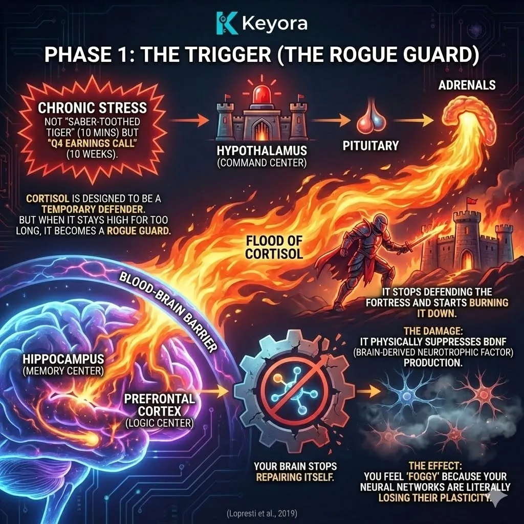 High-end scientific visual of Phase 1 of the Neuro-Endocrine Storm depicting the HPA Axis under Chronic Stress. The 3D render shows a flood of Cortisol acting as a Rogue Guard, crossing the blood-brain barrier to infiltrate the Hippocampus and Prefrontal Cortex. Metallic textures and cinematic lighting illustrate the physical suppression of BDNF and the resulting loss of Neuroplasticity. This functional schematic maps the mechanism of architectural decay, where the command center’s threat signal triggers a systemic failure of the Four-Drive System and Energy Activation. High-end scientific visual of Phase 1 of the Neuro-Endocrine Storm depicting the HPA Axis under Chronic Stress. The 3D render shows a flood of Cortisol acting as a Rogue Guard, crossing the blood-brain barrier to infiltrate the Hippocampus and Prefrontal Cortex. Metallic textures and cinematic lighting illustrate the physical suppression of BDNF and the resulting loss of Neuroplasticity. This functional schematic maps the mechanism of architectural decay, where the command center’s threat signal triggers a systemic failure of the Four-Drive System and Energy Activation.