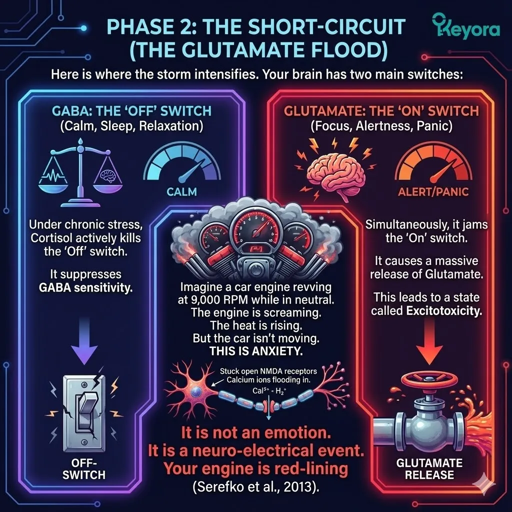 High-end scientific visual of the Glutamate Flood and the Short-Circuit mechanism. This 3D render illustrates NMDA receptors stuck open, allowing a toxic influx of calcium into the neural synapse. The composition captures the "overheated" state of Excitotoxicity within the Four-Drive System, where neurons fire uncontrollable action potentials. Glowing golden particles represent the neuro-electrical event of anxiety, mapping the strategic failure of GABA sensitivity under the weight of the Neuro-Endocrine Storm. High-end scientific visual of the Glutamate Flood and the Short-Circuit mechanism. This 3D render illustrates NMDA receptors stuck open, allowing a toxic influx of calcium into the neural synapse. The composition captures the "overheated" state of Excitotoxicity within the Four-Drive System, where neurons fire uncontrollable action potentials. Glowing golden particles represent the neuro-electrical event of anxiety, mapping the strategic failure of GABA sensitivity under the weight of the Neuro-Endocrine Storm.