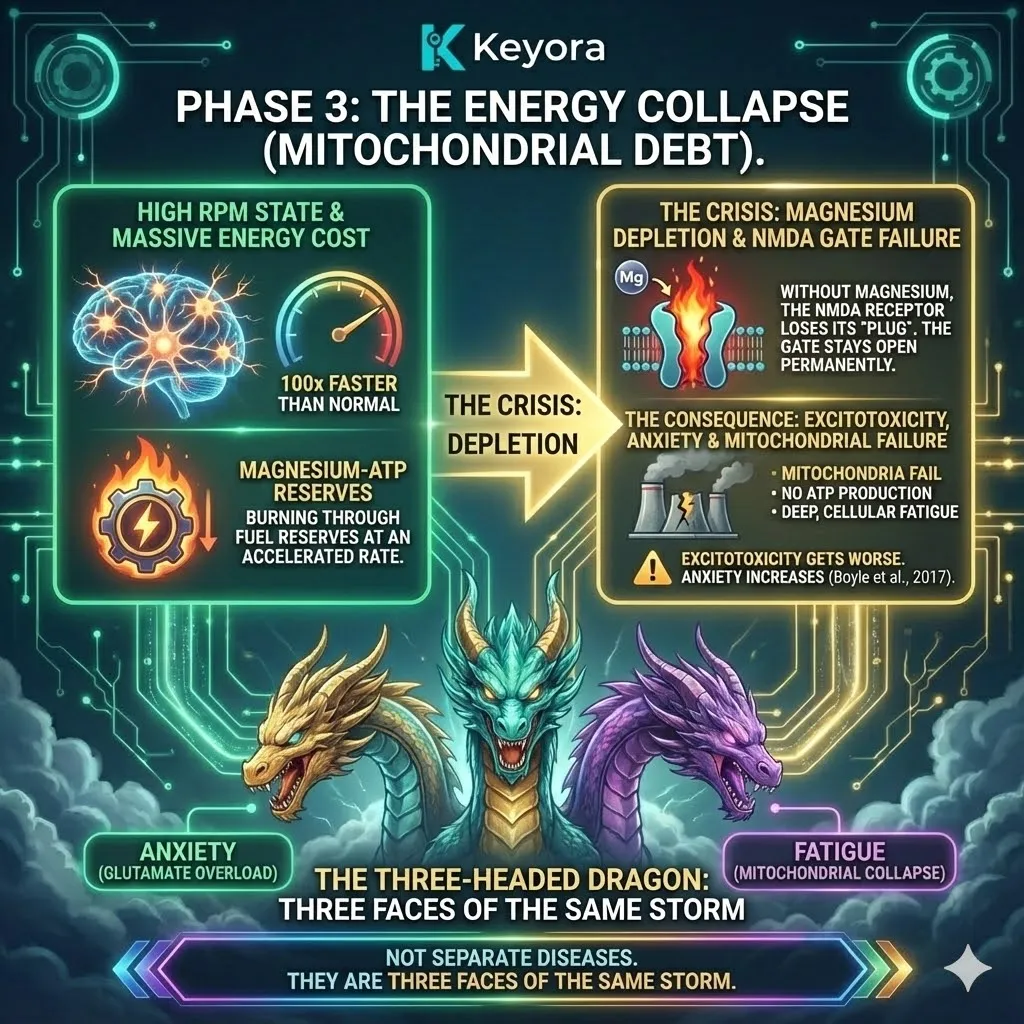 High-end scientific editorial visual of Phase 3: The Energy Collapse and Mitochondrial Debt. This 3D render depicts the neural synapse as a red-lining engine where Magnesium-ATP depletion leaves NMDA receptors without their protective plug. Glowing golden fibers represent the Three-Headed Dragon: the intersection of Glutamate Overload, Cortisol Dysregulation, and Mitochondrial Collapse. The composition maps the mechanism of systemic Energy Activation failure within the Four-Drive System, illustrating the precise moment of cellular fatigue. High-end scientific editorial visual of Phase 3: The Energy Collapse and Mitochondrial Debt. This 3D render depicts the neural synapse as a red-lining engine where Magnesium-ATP depletion leaves NMDA receptors without their protective plug. Glowing golden fibers represent the Three-Headed Dragon: the intersection of Glutamate Overload, Cortisol Dysregulation, and Mitochondrial Collapse. The composition maps the mechanism of systemic Energy Activation failure within the Four-Drive System, illustrating the precise moment of cellular fatigue.