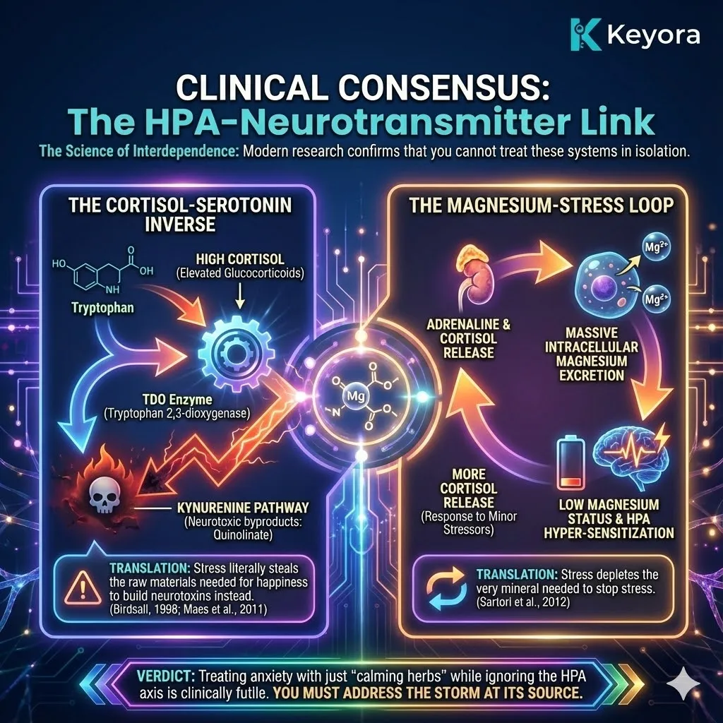 High-end scientific visual mapping the Clinical Consensus of the HPA-Neurotransmitter Link. The 3D render illustrates the TDO enzyme shunting Tryptophan away from Serotonin and toward the neurotoxic Kynurenine pathway under Cortisol pressure. Metallic textures and cinematic lighting show the Magnesium-Stress Loop, where intracellular Magnesium excretion hyper-sensitizes the Four-Drive System. This functional schematic provides a strategic mapping matrix for Energy Activation, proving that isolated calming herbs are strategically useless against the Neuro-Endocrine Storm. High-end scientific visual mapping the Clinical Consensus of the HPA-Neurotransmitter Link. The 3D render illustrates the TDO enzyme shunting Tryptophan away from Serotonin and toward the neurotoxic Kynurenine pathway under Cortisol pressure. Metallic textures and cinematic lighting show the Magnesium-Stress Loop, where intracellular Magnesium excretion hyper-sensitizes the Four-Drive System. This functional schematic provides a strategic mapping matrix for Energy Activation, proving that isolated calming herbs are strategically useless against the Neuro-Endocrine Storm.