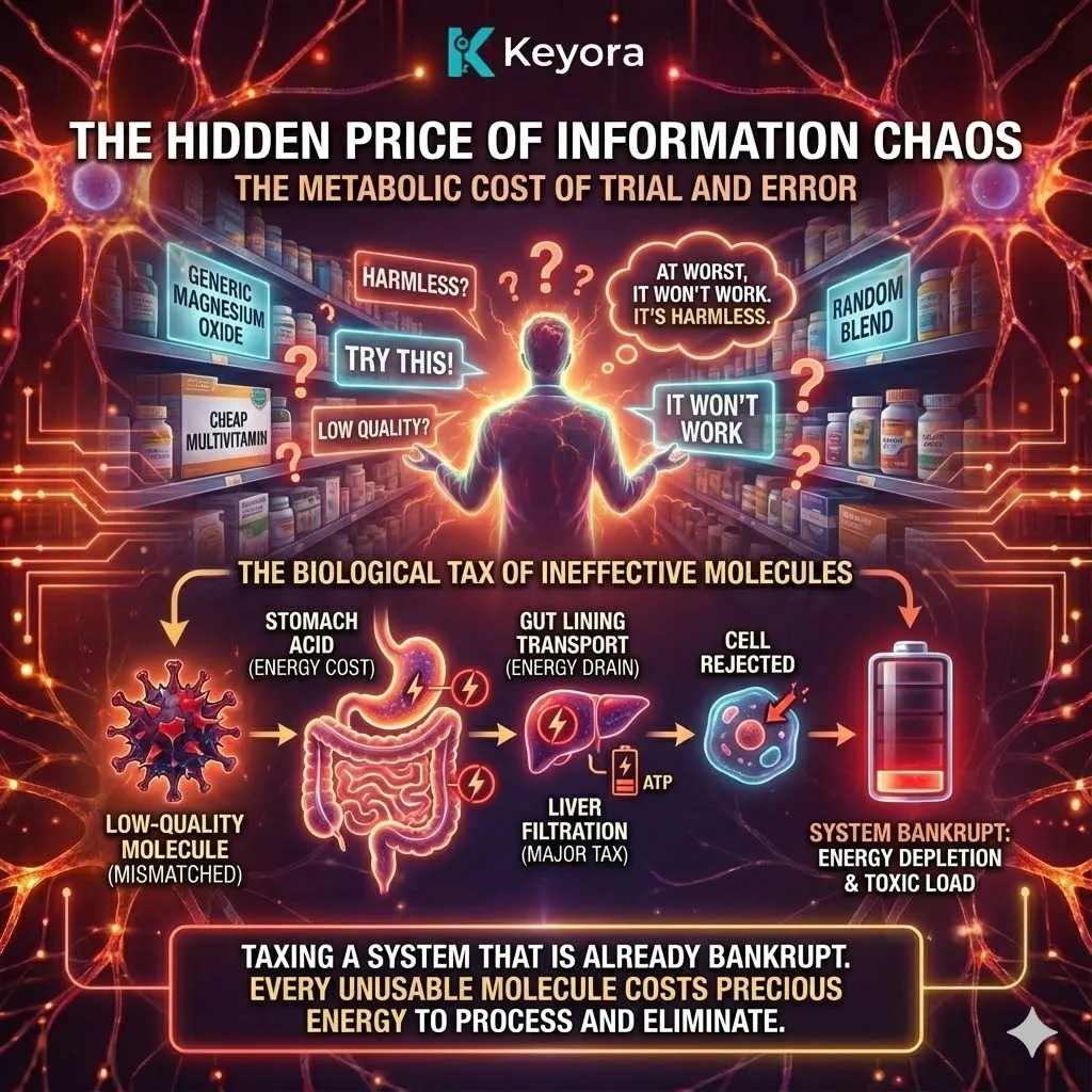 High-end scientific render depicting the metabolic cost of Information Chaos within the cellular environment. The visual illustrates a neural synapse struggling under the load of low-quality, linear molecules that tax the gut lining and liver filtration systems. Translucent glass structures show the bio-energetic drain as the body attempts to process chemically mismatched ingredients. This functional schematic maps the waste of ATP Synthesis and the further depletion of the Four-Drive System caused by generic supplementation. High-end scientific render depicting the metabolic cost of Information Chaos within the cellular environment. The visual illustrates a neural synapse struggling under the load of low-quality, linear molecules that tax the gut lining and liver filtration systems. Translucent glass structures show the bio-energetic drain as the body attempts to process chemically mismatched ingredients. This functional schematic maps the waste of ATP Synthesis and the further depletion of the Four-Drive System caused by generic supplementation.