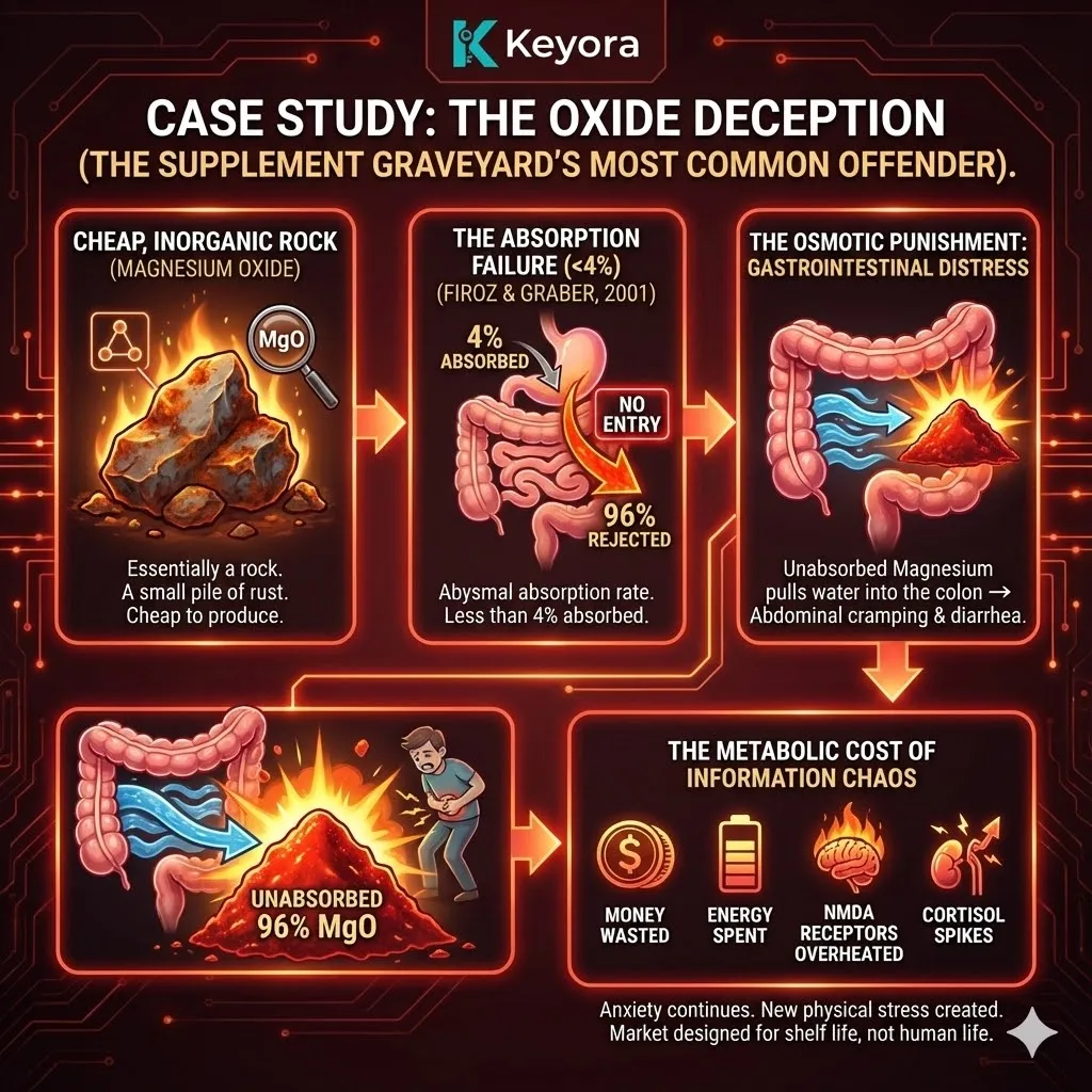 High-end scientific render depicting the Oxide Deception and the failure of inorganic Magnesium Oxide. The visual contrasts a neural synapse in crisis with a 4 percent absorption rate schematic, where unabsorbed particles remain in the intestinal tract. Translucent fluid represents water being pulled into the colon, illustrating the mechanism of Osmotic Punishment. This functional schematic maps how poor bioavailability creates new physical stress, spiking cortisol and leaving NMDA receptors overheated despite supplementation. High-end scientific render depicting the Oxide Deception and the failure of inorganic Magnesium Oxide. The visual contrasts a neural synapse in crisis with a 4 percent absorption rate schematic, where unabsorbed particles remain in the intestinal tract. Translucent fluid represents water being pulled into the colon, illustrating the mechanism of Osmotic Punishment. This functional schematic maps how poor bioavailability creates new physical stress, spiking cortisol and leaving NMDA receptors overheated despite supplementation.