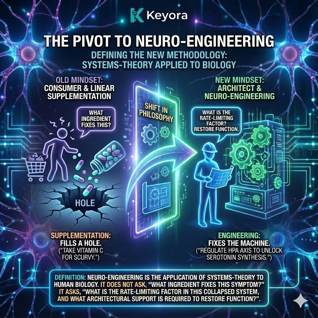 High-end scientific render illustrating the transition from linear supplementation to Neuro-Engineering architecture. The visual depicts a neural synapse where structural supports resolve the rate-limiting factors of a collapsed system. Metallic textures and glowing golden roots symbolize the application of systems theory to the Four-Drive System, shifting focus from filling nutrient holes to regulating the HPA axis. This functional schematic maps the precise rebuilding of the nervous system to achieve neurological sovereignty. High-end scientific render illustrating the transition from linear supplementation to Neuro-Engineering architecture. The visual depicts a neural synapse where structural supports resolve the rate-limiting factors of a collapsed system. Metallic textures and glowing golden roots symbolize the application of systems theory to the Four-Drive System, shifting focus from filling nutrient holes to regulating the HPA axis. This functional schematic maps the precise rebuilding of the nervous system to achieve neurological sovereignty.