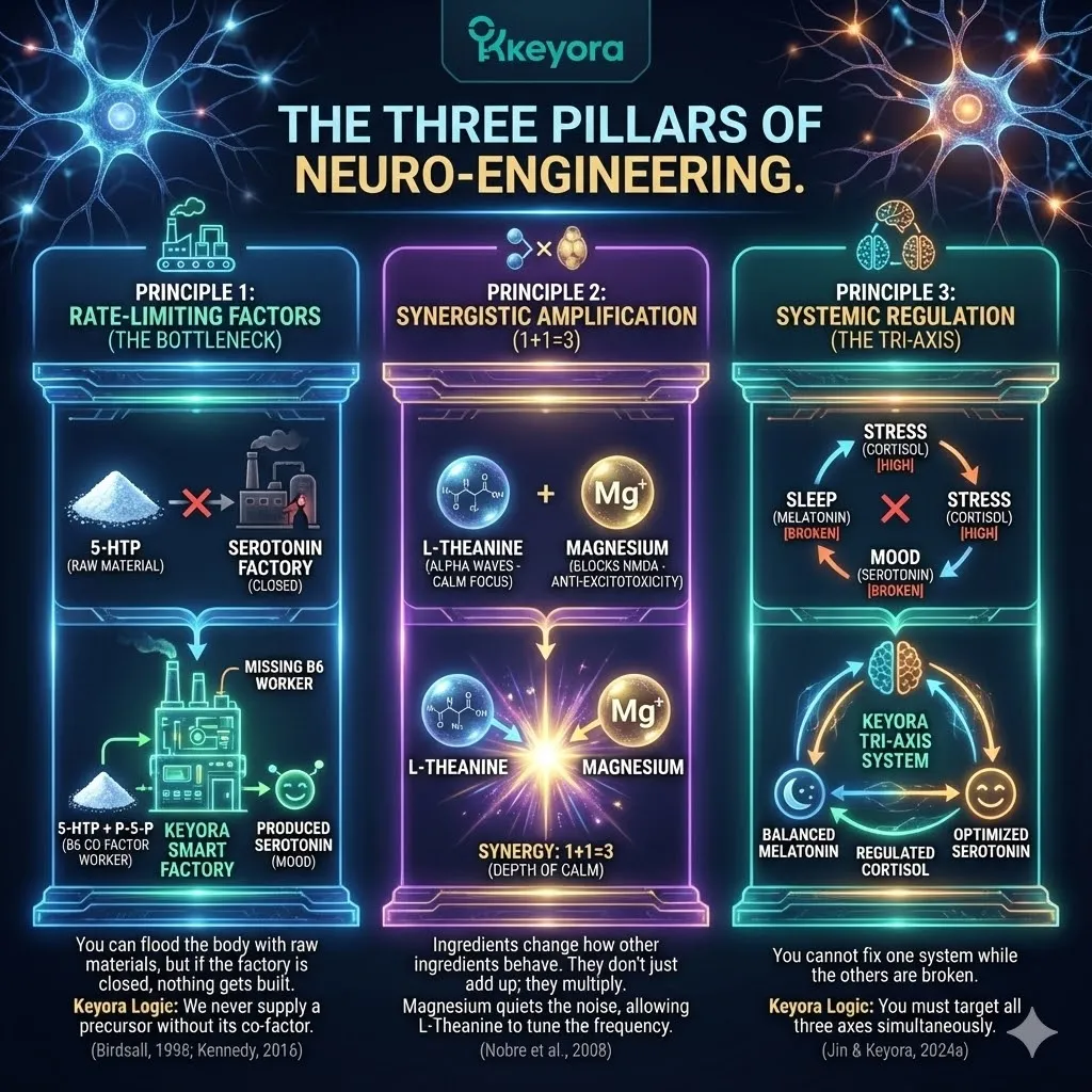 High-end scientific render depicting the three pillars of Neuro-Engineering. The visual shows interlocking molecular gears representing Vitamin B6 as the worker converting 5-HTP, alongside the synergistic pairing of L-Theanine and Magnesium to tune neural frequencies. A central Tri-Axis schematic illustrates the simultaneous regulation of Sleep, Stress, and Mood. This architectural design maps how co-factors and molecular synergy eliminate systemic bottlenecks to establish a neurological fortress within the Four-Drive System. High-end scientific render depicting the three pillars of Neuro-Engineering. The visual shows interlocking molecular gears representing Vitamin B6 as the worker converting 5-HTP, alongside the synergistic pairing of L-Theanine and Magnesium to tune neural frequencies. A central Tri-Axis schematic illustrates the simultaneous regulation of Sleep, Stress, and Mood. This architectural design maps how co-factors and molecular synergy eliminate systemic bottlenecks to establish a neurological fortress within the Four-Drive System.
