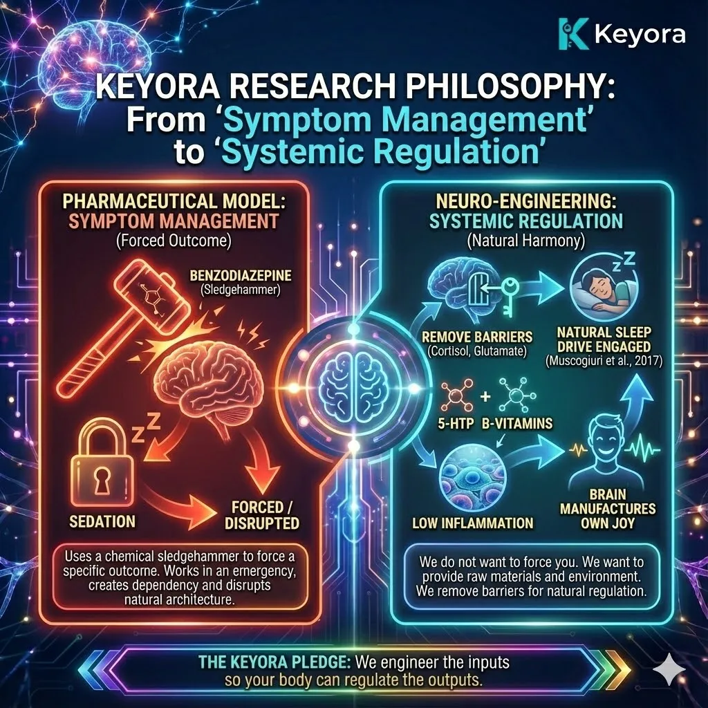 High-end scientific render depicting the shift from pharmaceutical symptom management to systemic regulation. The visual contrasts a chemical sledgehammer approach with the precise removal of cortisol and glutamate barriers in the neural synapse. Glowing organic roots represent the restoration of the body's natural sleep drive and serotonin synthesis. This functional schematic maps the engineering of molecular inputs to unlock endogenous regulatory outputs, establishing the environment for neurological sovereignty. High-end scientific render depicting the shift from pharmaceutical symptom management to systemic regulation. The visual contrasts a chemical sledgehammer approach with the precise removal of cortisol and glutamate barriers in the neural synapse. Glowing organic roots represent the restoration of the body's natural sleep drive and serotonin synthesis. This functional schematic maps the engineering of molecular inputs to unlock endogenous regulatory outputs, establishing the environment for neurological sovereignty.