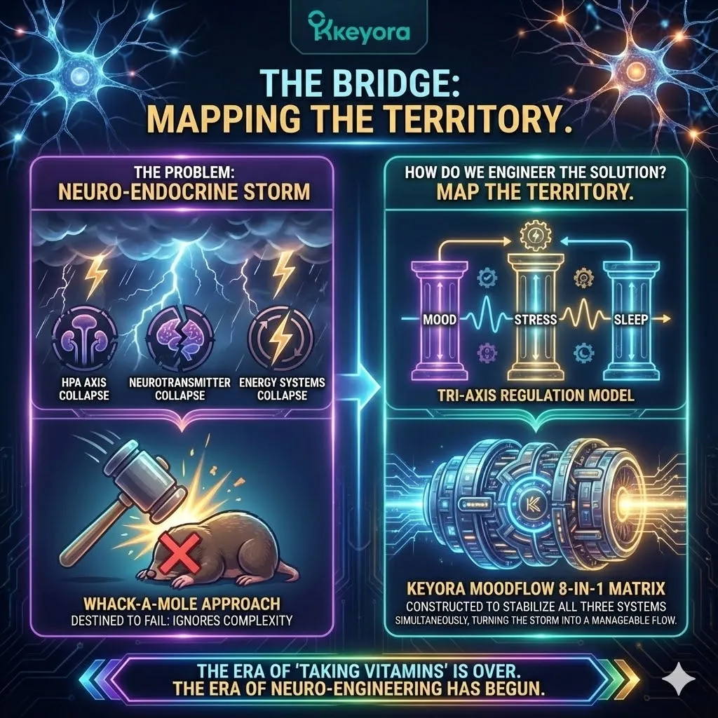 High-end scientific render mapping the territory of Tri-Axis Regulation within the neural synapse. The visual depicts the transition from a disorganized Neuro-Endocrine Storm to a structured flow, integrating the HPA axis, neurotransmitter pathways, and energy systems. Metallic textures and bioluminescent fluid illustrate the structural supports of the MoodFlow 8-in-1 Matrix as it stabilizes Mood, Stress, and Sleep. This functional schematic serves as the final bridge toward systemic Neuro-Engineering and neurological sovereignty. High-end scientific render mapping the territory of Tri-Axis Regulation within the neural synapse. The visual depicts the transition from a disorganized Neuro-Endocrine Storm to a structured flow, integrating the HPA axis, neurotransmitter pathways, and energy systems. Metallic textures and bioluminescent fluid illustrate the structural supports of the MoodFlow 8-in-1 Matrix as it stabilizes Mood, Stress, and Sleep. This functional schematic serves as the final bridge toward systemic Neuro-Engineering and neurological sovereignty.