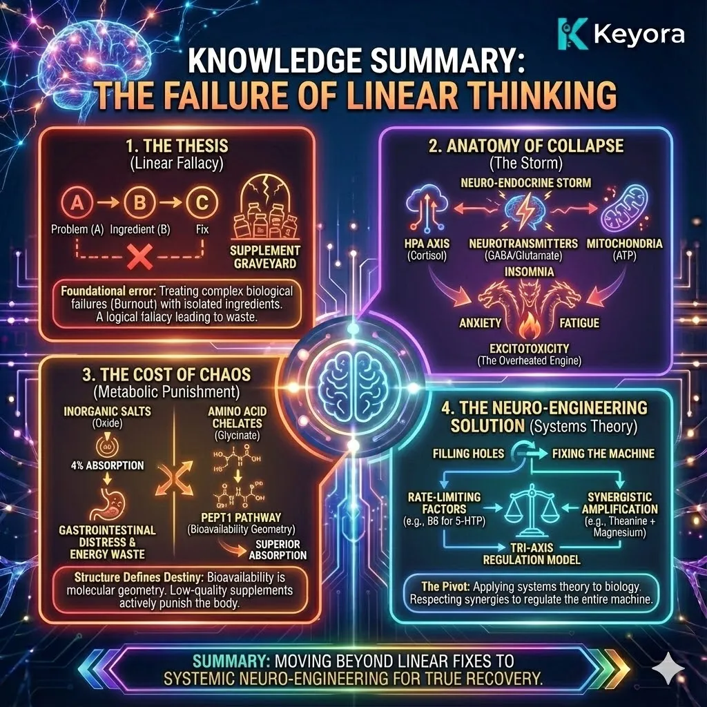 High-end scientific render summarizing the foundational principles of Neuro-Engineering and the transition from systemic collapse to structural restoration. The visual maps the Three-Headed Dragon of anxiety, insomnia, and fatigue being neutralized by the Tri-Axis Regulation model. Translucent glass fibers and glowing golden roots illustrate the integration of Amino Acid Chelates and essential co-factors, replacing the Supplement Graveyard with a high-performance biological fortress. This functional schematic serves as the definitive architectural design for the Four-Drive System's energy activation. High-end scientific render summarizing the foundational principles of Neuro-Engineering and the transition from systemic collapse to structural restoration. The visual maps the Three-Headed Dragon of anxiety, insomnia, and fatigue being neutralized by the Tri-Axis Regulation model. Translucent glass fibers and glowing golden roots illustrate the integration of Amino Acid Chelates and essential co-factors, replacing the Supplement Graveyard with a high-performance biological fortress. This functional schematic serves as the definitive architectural design for the Four-Drive System's energy activation.