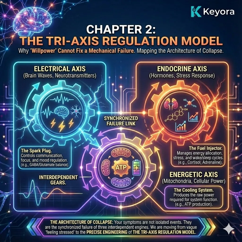 3D macro render depicting the Tri-Axis Regulation Model as a high-performance schematic. The visual maps the synchronized failure of the Electrical (Neurotransmitters), Endocrine (HPA Axis), and Energetic (Mitochondria) gears. Metallic structures and bioluminescent fluid illustrate the architectural pattern of collapse, moving beyond vague stress to the precise engineering of biological systems. This functional map establishes the foundational blueprint for Keyora's reconstruction of the Four-Drive System and neurological sovereignty. 3D macro render depicting the Tri-Axis Regulation Model as a high-performance schematic. The visual maps the synchronized failure of the Electrical (Neurotransmitters), Endocrine (HPA Axis), and Energetic (Mitochondria) gears. Metallic structures and bioluminescent fluid illustrate the architectural pattern of collapse, moving beyond vague stress to the precise engineering of biological systems. This functional map establishes the foundational blueprint for Keyora's reconstruction of the Four-Drive System and neurological sovereignty.