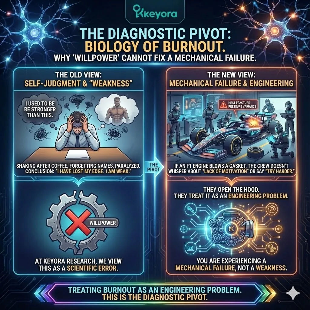 High-end scientific render depicting the Diagnostic Pivot, contrasting the "Steel Trap" mind with a mechanical heat fracture within the neural architecture. The 3D visual illustrates the transition from self-judgment to engineering analysis, viewing burnout not as a lack of willpower, but as a pressure variance in the biological engine. Metallic textures and cinematic lighting reveal the structural failure points in the Four-Drive System, shifting the focus from "trying harder" to opening the biological hood for systemic repair. High-end scientific render depicting the Diagnostic Pivot, contrasting the "Steel Trap" mind with a mechanical heat fracture within the neural architecture. The 3D visual illustrates the transition from self-judgment to engineering analysis, viewing burnout not as a lack of willpower, but as a pressure variance in the biological engine. Metallic textures and cinematic lighting reveal the structural failure points in the Four-Drive System, shifting the focus from "trying harder" to opening the biological hood for systemic repair.