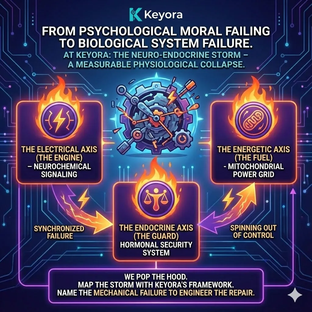 High-end scientific render depicting the decoupling of the three biological axes during a Neuro-Endocrine Storm. The 3D visual maps the Electrical Axis (neurochemical signals), the Endocrine Axis (hormonal guard), and the Energetic Axis (mitochondrial grid) as three disconnected, spinning gears. Metallic textures and vibrant gold accents represent the shift from psychological moral failing to biological system failure. This architectural schematic provides the proprietary framework for naming the mechanical failure and engineering the repair of the Four-Drive System. High-end scientific render depicting the decoupling of the three biological axes during a Neuro-Endocrine Storm. The 3D visual maps the Electrical Axis (neurochemical signals), the Endocrine Axis (hormonal guard), and the Energetic Axis (mitochondrial grid) as three disconnected, spinning gears. Metallic textures and vibrant gold accents represent the shift from psychological moral failing to biological system failure. This architectural schematic provides the proprietary framework for naming the mechanical failure and engineering the repair of the Four-Drive System.