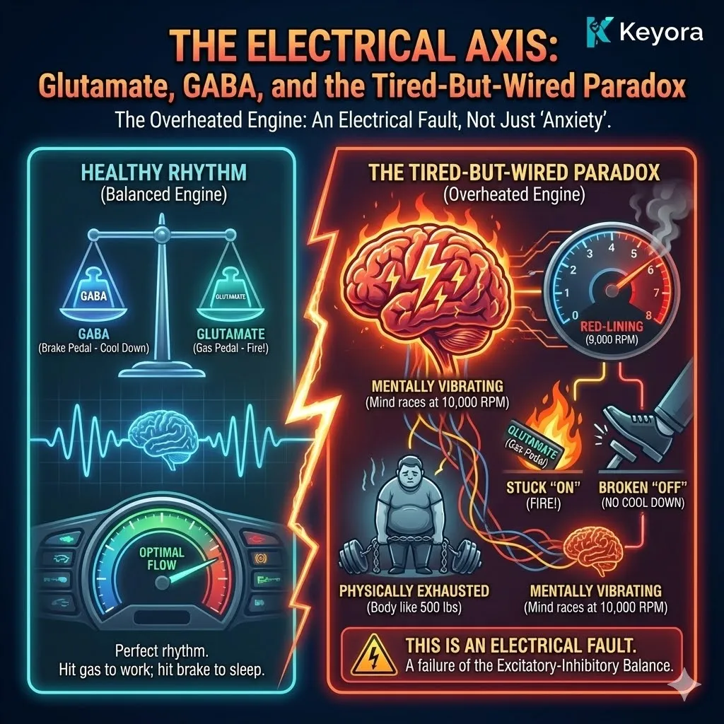 3D macro render of the neural synapse illustrating the Electrical Axis and the failure of the Excitatory-Inhibitory Balance. The visual contrasts the "Gas Pedal" of Glutamate signals with the "Brake Pedal" of GABA receptors. Metallic textures and vibrant gold accents highlight the Tired-But-Wired Paradox, where the neural engine remains at 10,000 RPM despite physical exhaustion. This functional schematic maps the electrical fault of a system unable to engage its cooling mechanism, providing the blueprint for stabilizing the Four-Drive System. 3D macro render of the neural synapse illustrating the Electrical Axis and the failure of the Excitatory-Inhibitory Balance. The visual contrasts the "Gas Pedal" of Glutamate signals with the "Brake Pedal" of GABA receptors. Metallic textures and vibrant gold accents highlight the Tired-But-Wired Paradox, where the neural engine remains at 10,000 RPM despite physical exhaustion. This functional schematic maps the electrical fault of a system unable to engage its cooling mechanism, providing the blueprint for stabilizing the Four-Drive System.