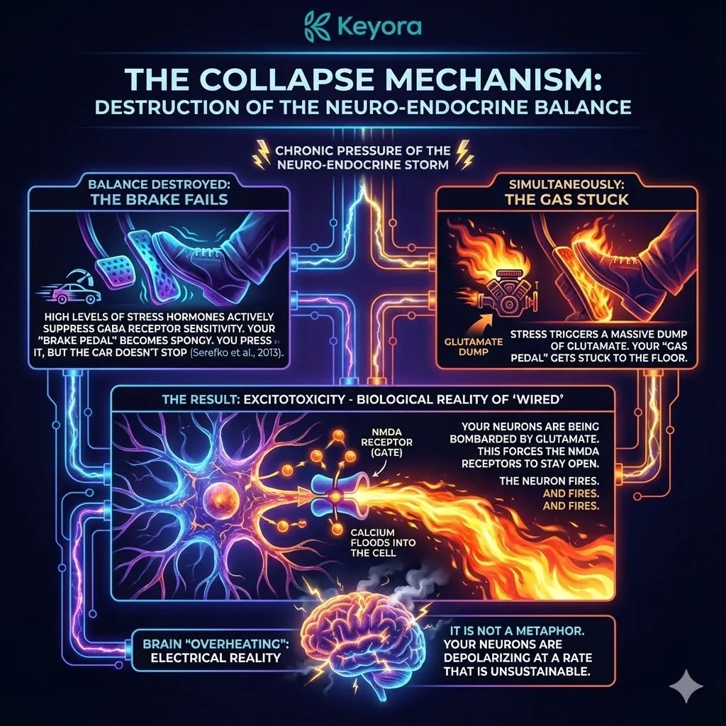 High-end scientific render of the collapse of the Excitatory-Inhibitory balance. The 3D visual depicts a neural synapse with a "spongy" GABA brake pedal and a stuck Glutamate gas pedal. Metallic textures and cinematic lighting show the NMDA receptors jammed open, allowing a toxic flood of Calcium to overheat the neuron. This architectural schematic illustrates the electrical reality of Excitotoxicity, where unsustainable depolarization prevents the Four-Drive System from achieving Energy Activation or rest. High-end scientific render of the collapse of the Excitatory-Inhibitory balance. The 3D visual depicts a neural synapse with a "spongy" GABA brake pedal and a stuck Glutamate gas pedal. Metallic textures and cinematic lighting show the NMDA receptors jammed open, allowing a toxic flood of Calcium to overheat the neuron. This architectural schematic illustrates the electrical reality of Excitotoxicity, where unsustainable depolarization prevents the Four-Drive System from achieving Energy Activation or rest.