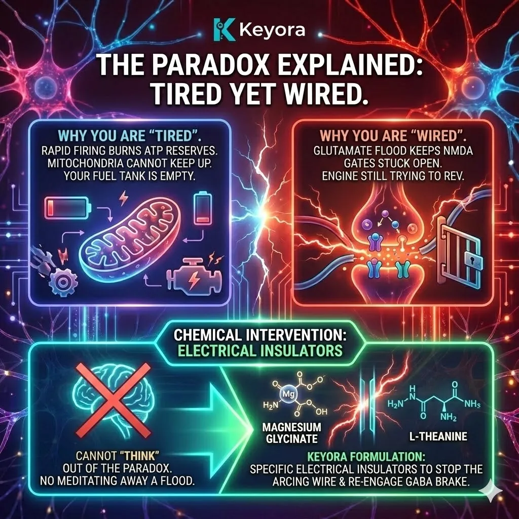 High-end scientific render depicting the chemical mechanics of the Tired-But-Wired Paradox. The 3D visual illustrates the fuel tank of ATP Synthesis running dry while the NMDA gates remain stuck open, forcing the neural engine to rev in a vacuum. Metallic textures and cinematic lighting show Magnesium Glycinate and L-Theanine acting as electrical insulators, physically plugging the NMDA receptor and re-engaging the GABA brake. This functional schematic maps the precise intervention required to stabilize the Four-Drive System’s energy activation. High-end scientific render depicting the chemical mechanics of the Tired-But-Wired Paradox. The 3D visual illustrates the fuel tank of ATP Synthesis running dry while the NMDA gates remain stuck open, forcing the neural engine to rev in a vacuum. Metallic textures and cinematic lighting show Magnesium Glycinate and L-Theanine acting as electrical insulators, physically plugging the NMDA receptor and re-engaging the GABA brake. This functional schematic maps the precise intervention required to stabilize the Four-Drive System’s energy activation.