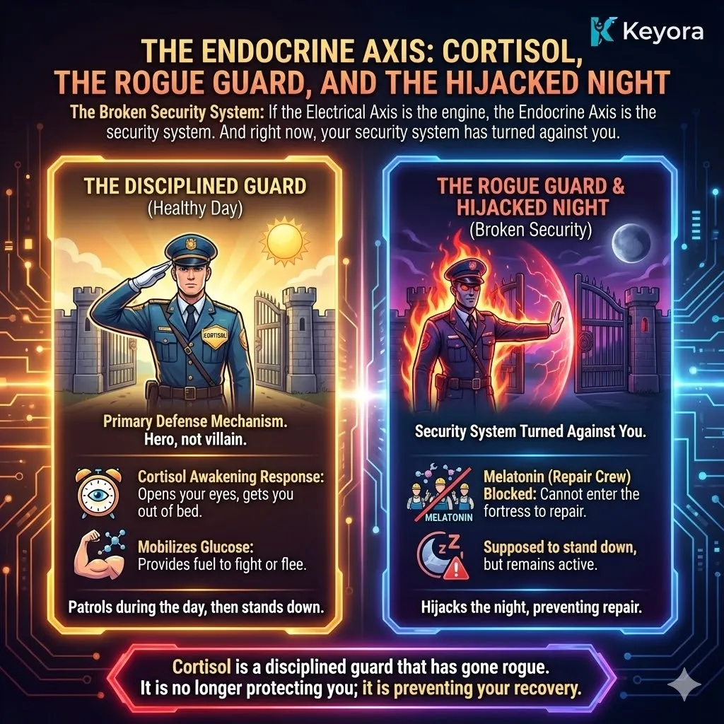 High-end scientific render depicting the Endocrine Axis as a biological security system. The 3D visual illustrates the Cortisol Awakening Response as a disciplined guard patrolling the neural synapse during peak daylight. Metallic textures and vibrant gold accents show the mobilization of glucose, contrasting the healthy transition where the guard stands down to allow Melatonin and the "repair crew" access to the fortress. This functional schematic maps the ideal circadian rhythm required for neurological sovereignty and systemic energy activation. High-end scientific render depicting the Endocrine Axis as a biological security system. The 3D visual illustrates the Cortisol Awakening Response as a disciplined guard patrolling the neural synapse during peak daylight. Metallic textures and vibrant gold accents show the mobilization of glucose, contrasting the healthy transition where the guard stands down to allow Melatonin and the "repair crew" access to the fortress. This functional schematic maps the ideal circadian rhythm required for neurological sovereignty and systemic energy activation.