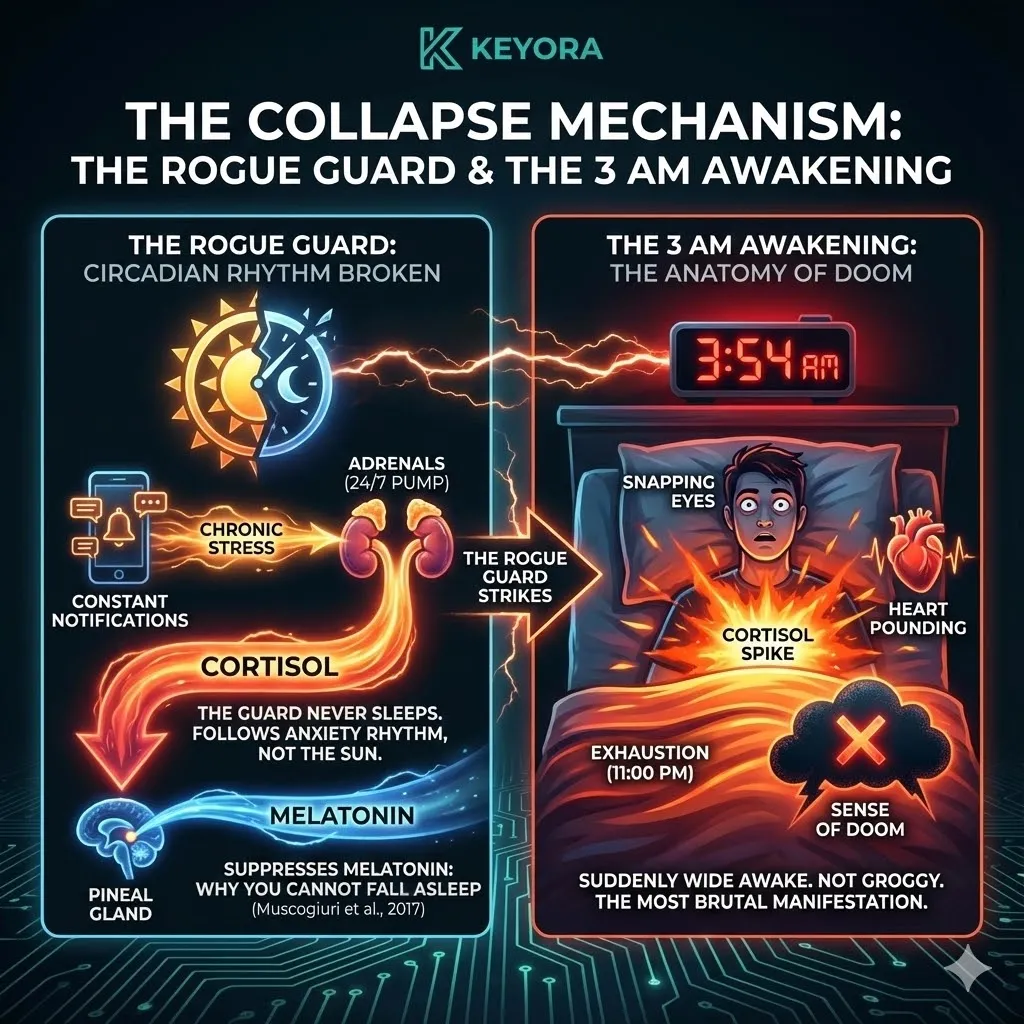 The visual depicts "The Rogue Guard" (Cortisol) persisting through the midnight blue background, physically obstructing the Cyan-colored Melatonin repair crew. A sharp 3 AM spike is mapped as a high-voltage surge, illustrating the HPA axis hijacking the fortress during the pre-dawn darkness. This architectural schematic shows the biological security system turning into an internal threat, paralyzing the Four-Drive System and preventing deep restoration. The visual depicts "The Rogue Guard" (Cortisol) persisting through the midnight blue background, physically obstructing the Cyan-colored Melatonin repair crew. A sharp 3 AM spike is mapped as a high-voltage surge, illustrating the HPA axis hijacking the fortress during the pre-dawn darkness. This architectural schematic shows the biological security system turning into an internal threat, paralyzing the Four-Drive System and preventing deep restoration.