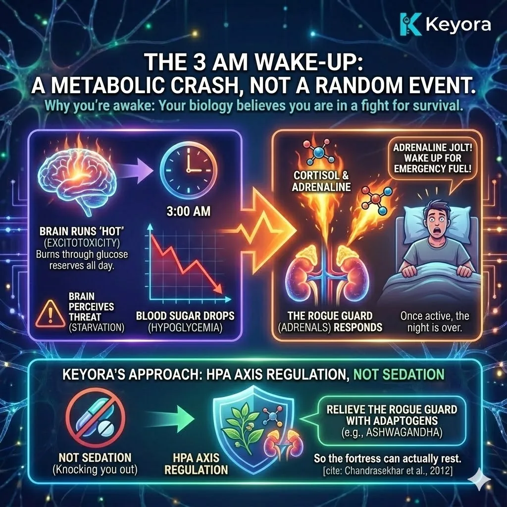 3D scientific render of the 3 AM metabolic crash and the Rogue Guard’s emergency intervention. The visual depicts a precipitous drop in glucose fluid triggering a massive surge of vibrant gold Cortisol and Adrenaline into the bloodstream. This surge represents the body’s survival response to perceived starvation, showing the HPA axis injecting biological fuel that overrides the sleep state. This functional schematic maps how the Rogue Guard hijacks the night, proving that sleep restoration requires HPA axis regulation via adaptogens rather than simple sedation. 3D scientific render of the 3 AM metabolic crash and the Rogue Guard’s emergency intervention. The visual depicts a precipitous drop in glucose fluid triggering a massive surge of vibrant gold Cortisol and Adrenaline into the bloodstream. This surge represents the body’s survival response to perceived starvation, showing the HPA axis injecting biological fuel that overrides the sleep state. This functional schematic maps how the Rogue Guard hijacks the night, proving that sleep restoration requires HPA axis regulation via adaptogens rather than simple sedation.