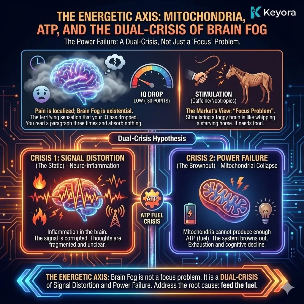 High-end scientific render depicting the Dual-Crisis of Brain Fog. The visual maps the transition from a high-performance cognitive state to a "Brownout" within the neural network. Metallic textures and neon cyan accents illustrate Signal Distortion caused by neuro-inflammation, while flickering bioluminescent fluid represents the Power Failure of Mitochondrial collapse. This functional schematic proves that Brain Fog is a metabolic fuel crisis rather than a focus problem, requiring energy restoration within the Four-Drive System rather than stimulants. High-end scientific render depicting the Dual-Crisis of Brain Fog. The visual maps the transition from a high-performance cognitive state to a "Brownout" within the neural network. Metallic textures and neon cyan accents illustrate Signal Distortion caused by neuro-inflammation, while flickering bioluminescent fluid represents the Power Failure of Mitochondrial collapse. This functional schematic proves that Brain Fog is a metabolic fuel crisis rather than a focus problem, requiring energy restoration within the Four-Drive System rather than stimulants.