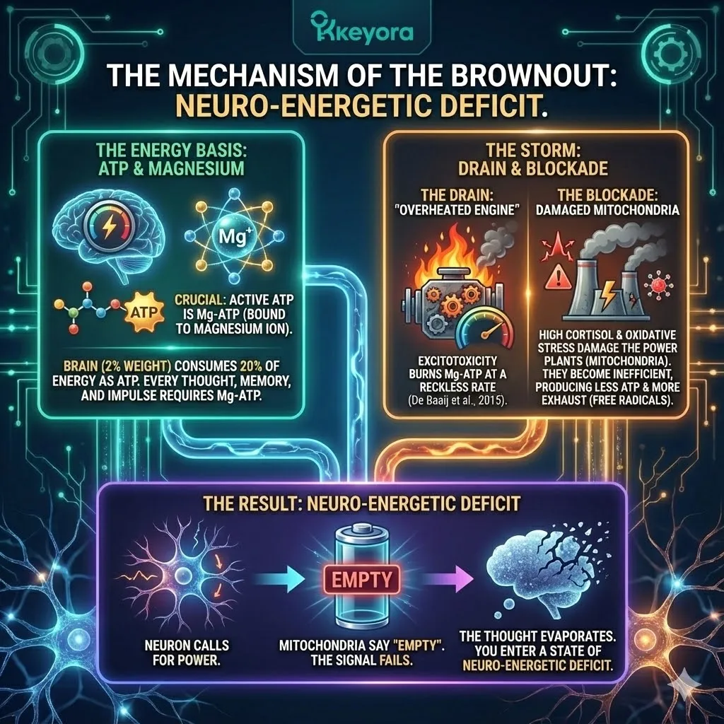 High-end scientific render depicting the Neuro-Energetic Deficit within the neural synapse. The 3D visual illustrates the "Brownout" where high Cortisol and oxidative stress damage mitochondrial power plants, leading to inefficient ATP production and toxic "exhaust" (Free Radicals). Magnesium-ATP complexes are shown as depleted, leaving neurons unable to fuel cognitive signals. This architectural schematic maps the metabolic blockade where the brain's energy demand exceeds its supply, causing the signal failure known as Brain Fog within the Four-Drive System. High-end scientific render depicting the Neuro-Energetic Deficit within the neural synapse. The 3D visual illustrates the "Brownout" where high Cortisol and oxidative stress damage mitochondrial power plants, leading to inefficient ATP production and toxic "exhaust" (Free Radicals). Magnesium-ATP complexes are shown as depleted, leaving neurons unable to fuel cognitive signals. This architectural schematic maps the metabolic blockade where the brain's energy demand exceeds its supply, causing the signal failure known as Brain Fog within the Four-Drive System.