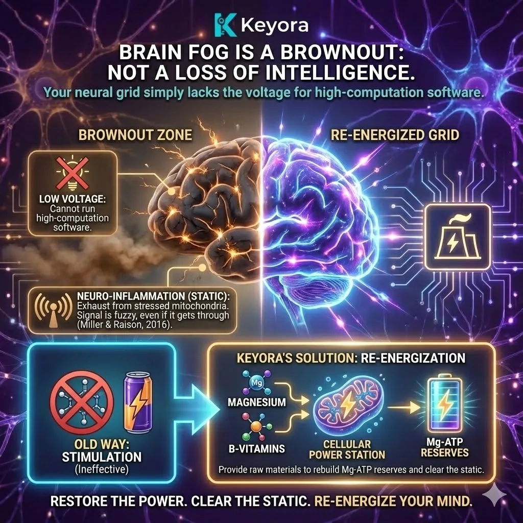 3D macro render of the neural grid experiencing a metabolic brownout. The visual depicts a voltage drop in the synaptic network, where "exhaust" from stressed mitochondria manifests as neuro-inflammatory static. Metallic textures and flickering bioluminescent fluid show the transition from fuzzy, low-computation signals to the re-energized state. This functional schematic maps the restoration of the Mg-ATP fuel line, clearing the biological radio static to restore high-computation cognitive function and neurological sovereignty. 3D macro render of the neural grid experiencing a metabolic brownout. The visual depicts a voltage drop in the synaptic network, where "exhaust" from stressed mitochondria manifests as neuro-inflammatory static. Metallic textures and flickering bioluminescent fluid show the transition from fuzzy, low-computation signals to the re-energized state. This functional schematic maps the restoration of the Mg-ATP fuel line, clearing the biological radio static to restore high-computation cognitive function and neurological sovereignty.