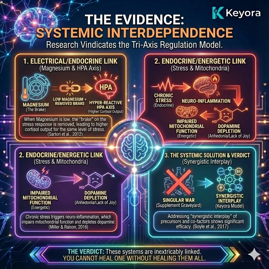 High-end scientific render depicting the shift from the isolated "Chemical Imbalance" theory to the integrated "Neuro-Metabolic Model." The 3D visual maps the convergence of the Electrical, Endocrine, and Energetic axes into a unified regulatory field. Metallic textures and glowing organic roots symbolize the medical consensus on multi-system dysregulation. This functional schematic provides the strategic architectural design for the Four-Drive System, proving that neurological sovereignty requires a synchronized, multi-axis intervention rather than linear supplementation. High-end scientific render depicting the shift from the isolated "Chemical Imbalance" theory to the integrated "Neuro-Metabolic Model." The 3D visual maps the convergence of the Electrical, Endocrine, and Energetic axes into a unified regulatory field. Metallic textures and glowing organic roots symbolize the medical consensus on multi-system dysregulation. This functional schematic provides the strategic architectural design for the Four-Drive System, proving that neurological sovereignty requires a synchronized, multi-axis intervention rather than linear supplementation.