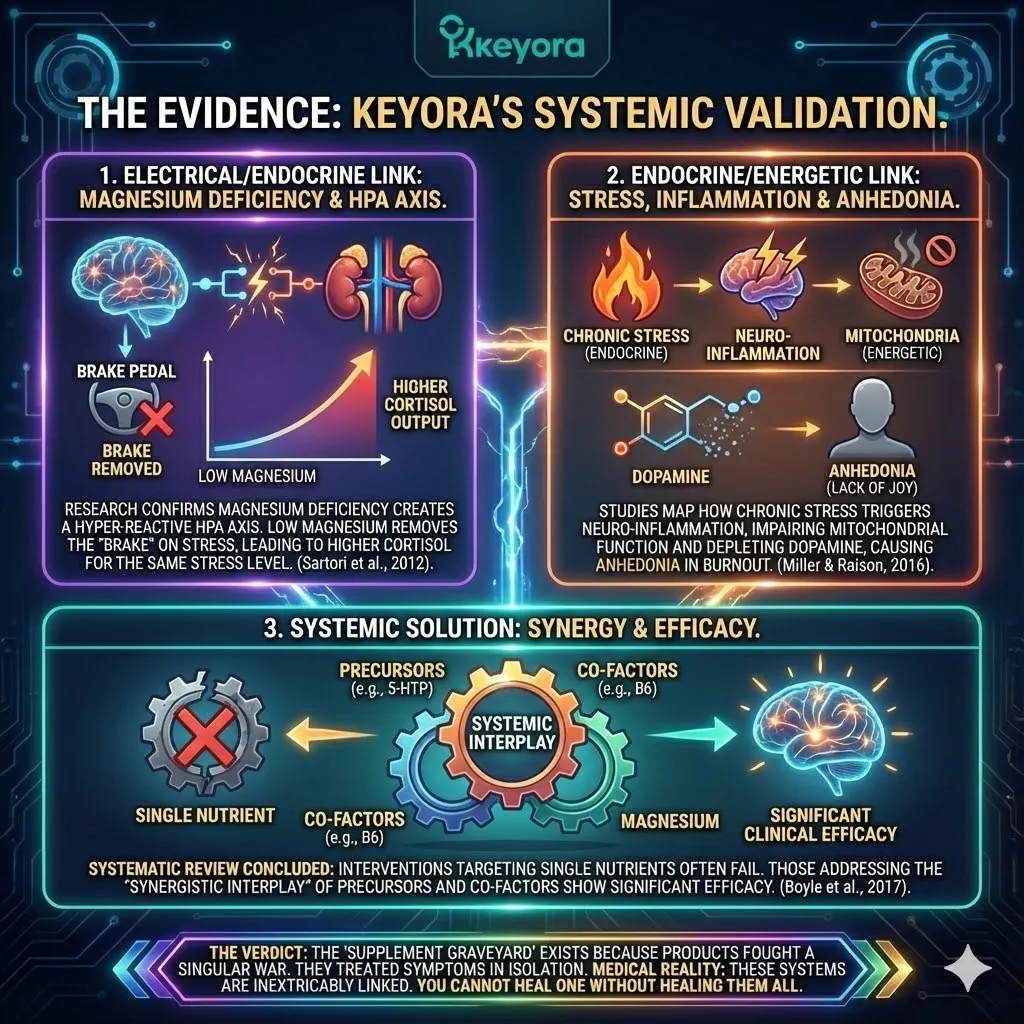 High-end scientific render depicting the biochemical evidence of the Tri-Axis link. The 3D visual illustrates the direct intersection where Magnesium deficiency removes the HPA-axis brake, causing a surge in Cortisol that impairs mitochondrial function. Metallic textures and cinematic lighting show the transition from single-nutrient failure to synergistic restoration. This functional schematic maps the absolute interdependence of the Electrical, Endocrine, and Energetic systems, proving that healing is only possible through synchronized, systemic regulation within the Four-Drive System. High-end scientific render depicting the biochemical evidence of the Tri-Axis link. The 3D visual illustrates the direct intersection where Magnesium deficiency removes the HPA-axis brake, causing a surge in Cortisol that impairs mitochondrial function. Metallic textures and cinematic lighting show the transition from single-nutrient failure to synergistic restoration. This functional schematic maps the absolute interdependence of the Electrical, Endocrine, and Energetic systems, proving that healing is only possible through synchronized, systemic regulation within the Four-Drive System.
