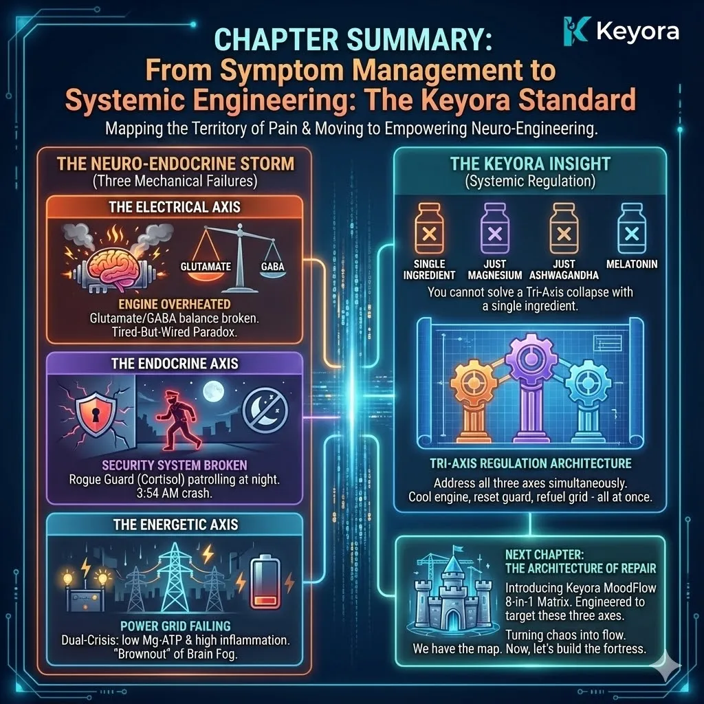 High-end scientific render summarizing the Tri-Axis failure within the neural landscape. The visual maps the "Overheated Engine" (Electrical), the "Rogue Guard" (Endocrine), and the "Power Grid Brownout" (Energetic) as three interlocking architectural collapses. Metallic textures and bioluminescent fluid depict the transition from vague "weakness" to the precise clinical reality of the Neuro-Endocrine Storm. This functional schematic serves as the final diagnostic blueprint, defining the engineering requirements for systemic restoration and the establishment of neurological sovereignty. High-end scientific render summarizing the Tri-Axis failure within the neural landscape. The visual maps the "Overheated Engine" (Electrical), the "Rogue Guard" (Endocrine), and the "Power Grid Brownout" (Energetic) as three interlocking architectural collapses. Metallic textures and bioluminescent fluid depict the transition from vague "weakness" to the precise clinical reality of the Neuro-Endocrine Storm. This functional schematic serves as the final diagnostic blueprint, defining the engineering requirements for systemic restoration and the establishment of neurological sovereignty.
