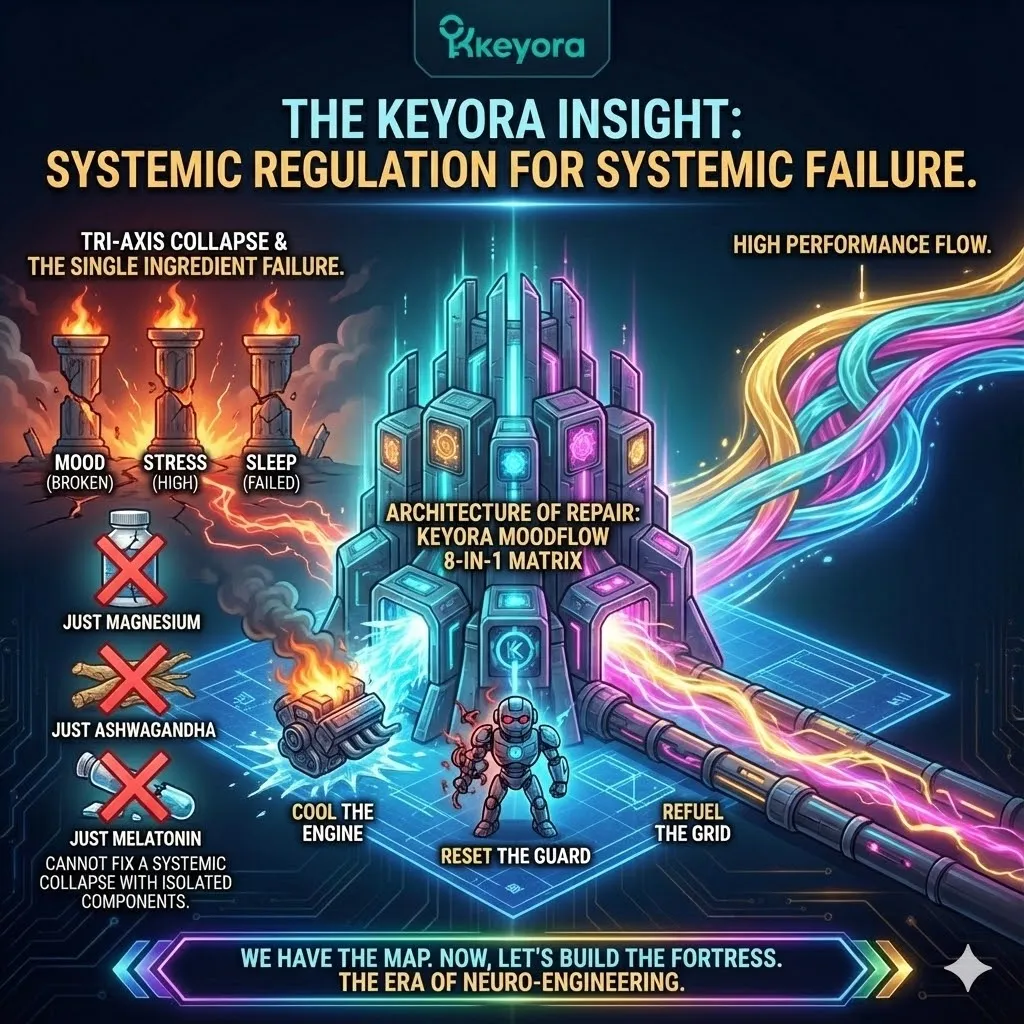 High-end scientific render depicting the Architecture of Repair as a unified biological fortress. The 3D visual integrates the three axes—Electrical, Endocrine, and Energetic—into a synchronized system of flow. Metallic textures and vibrant gold roots represent the transition from systemic failure to the engineered stabilization provided by the MoodFlow 8-in-1 Matrix. This functional schematic maps the simultaneous cooling of the neural engine, resetting of the hormonal guard, and refueling of the mitochondrial grid to achieve total neurological sovereignty. High-end scientific render depicting the Architecture of Repair as a unified biological fortress. The 3D visual integrates the three axes—Electrical, Endocrine, and Energetic—into a synchronized system of flow. Metallic textures and vibrant gold roots represent the transition from systemic failure to the engineered stabilization provided by the MoodFlow 8-in-1 Matrix. This functional schematic maps the simultaneous cooling of the neural engine, resetting of the hormonal guard, and refueling of the mitochondrial grid to achieve total neurological sovereignty.