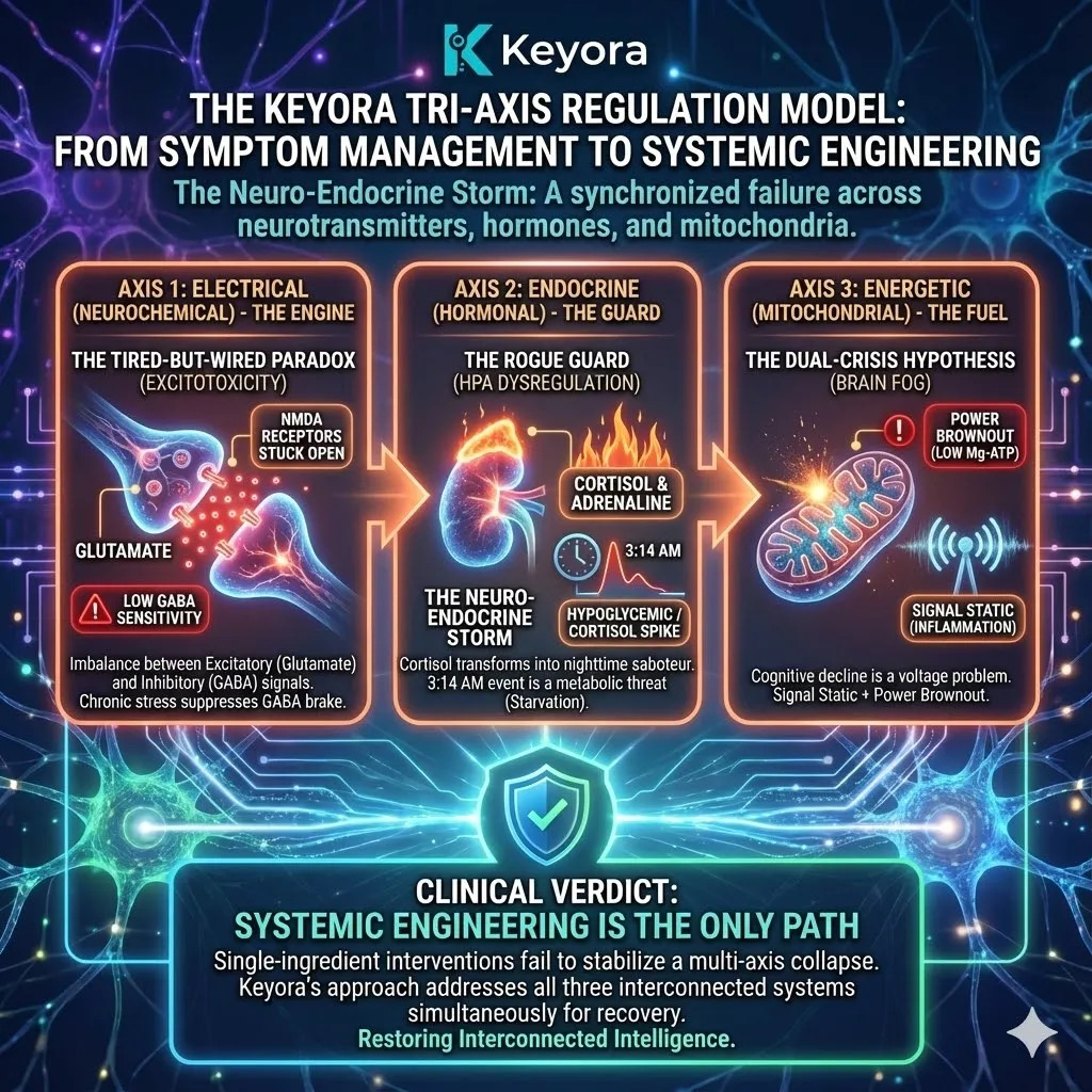 High-end scientific render summarizing the Tri-Axis Regulation Model. The visual maps the transition from the "Supplement Graveyard" to a unified biological fortress. Metallic textures and glowing golden roots depict the synchronization of the Electrical, Endocrine, and Energetic axes, neutralizing the Tired-But-Wired Paradox and the Rogue Guard's 3 AM coup. This functional schematic serves as the definitive diagnostic blueprint for the Neuro-Endocrine Storm, proving that neurological sovereignty requires the simultaneous systemic engineering of neurotransmitters, hormones, and mitochondrial voltage. High-end scientific render summarizing the Tri-Axis Regulation Model. The visual maps the transition from the "Supplement Graveyard" to a unified biological fortress. Metallic textures and glowing golden roots depict the synchronization of the Electrical, Endocrine, and Energetic axes, neutralizing the Tired-But-Wired Paradox and the Rogue Guard's 3 AM coup. This functional schematic serves as the definitive diagnostic blueprint for the Neuro-Endocrine Storm, proving that neurological sovereignty requires the simultaneous systemic engineering of neurotransmitters, hormones, and mitochondrial voltage.