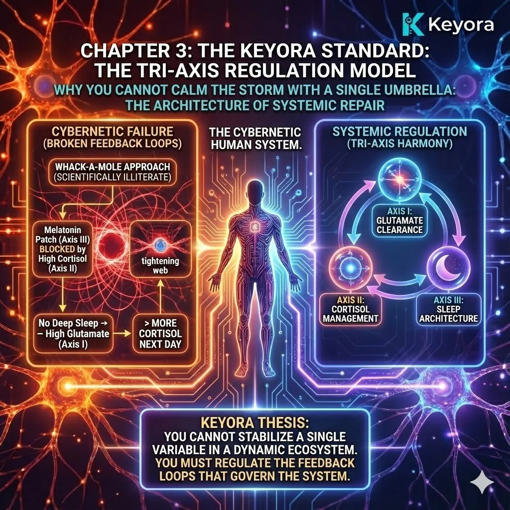 High-end scientific render depicting the human body as a Cybernetic System of interconnected feedback loops. The 3D visual illustrates the "Whack-a-Mole" fallacy, showing how a single intervention like Melatonin is blocked by the Rogue Guard (Cortisol), which in turn prevents Glutamate clearance. Metallic textures and glowing organic roots map the tightening web of a dynamic ecosystem in collapse. This functional schematic establishes the Keyora thesis: that stabilization requires the simultaneous regulation of the entire feedback architecture rather than isolated variables. High-end scientific render depicting the human body as a Cybernetic System of interconnected feedback loops. The 3D visual illustrates the "Whack-a-Mole" fallacy, showing how a single intervention like Melatonin is blocked by the Rogue Guard (Cortisol), which in turn prevents Glutamate clearance. Metallic textures and glowing organic roots map the tightening web of a dynamic ecosystem in collapse. This functional schematic establishes the Keyora thesis: that stabilization requires the simultaneous regulation of the entire feedback architecture rather than isolated variables.