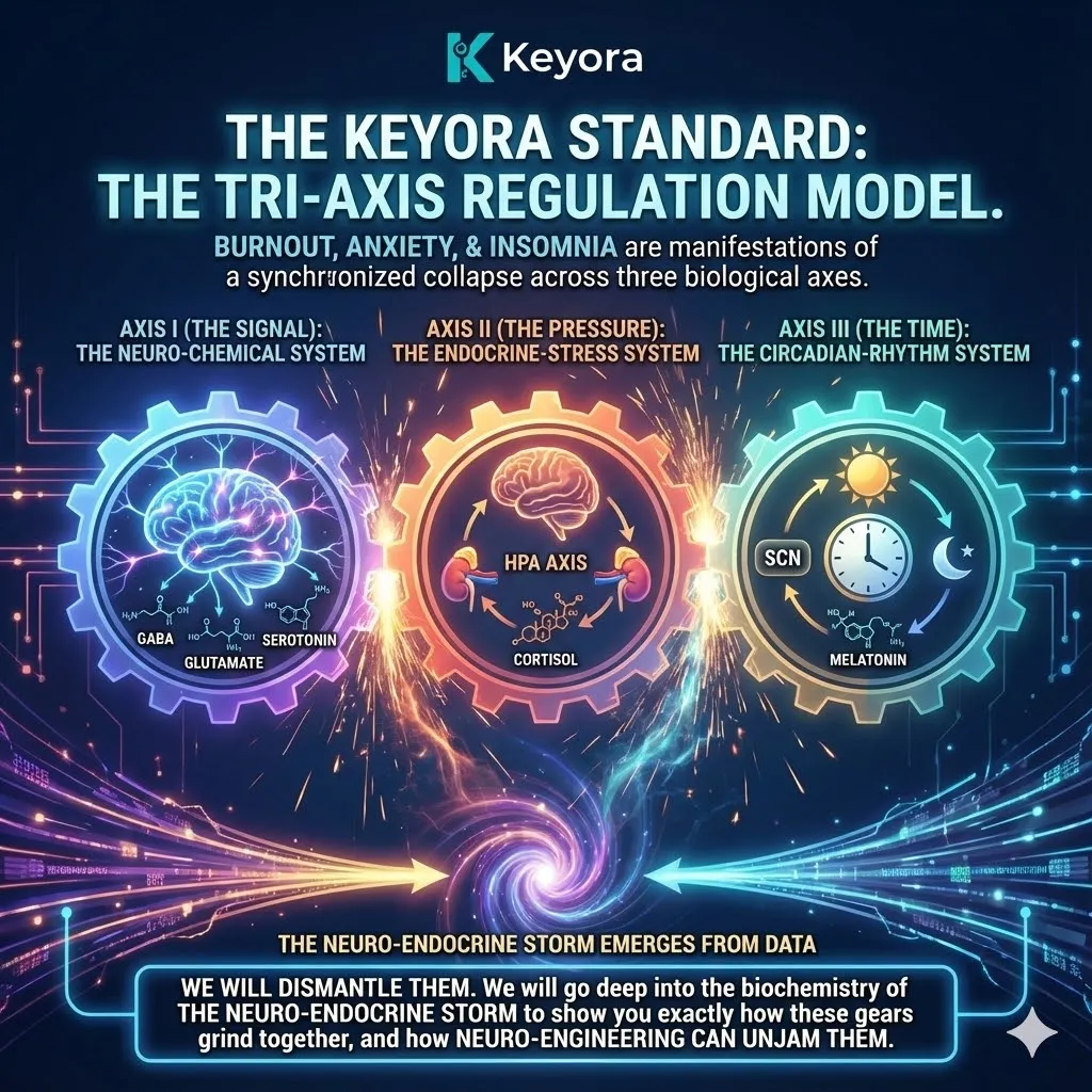 High-end scientific render depicting the Keyora Standard: The Tri-Axis Regulation Model. The 3D visual maps the synchronized collapse of Axis I (The Signal), Axis II (The Pressure), and Axis III (The Time) as three interlocking, grinding gears. Metallic textures, bioluminescent fluid, and vibrant gold accents illustrate the transition from a Neuro-Endocrine Storm to an unjammed, engineered flow. This architectural schematic provides the foundational blueprint for dismantleing the biochemistry of burnout and establishing the strategic framework for systemic Neuro-Engineering. High-end scientific render depicting the Keyora Standard: The Tri-Axis Regulation Model. The 3D visual maps the synchronized collapse of Axis I (The Signal), Axis II (The Pressure), and Axis III (The Time) as three interlocking, grinding gears. Metallic textures, bioluminescent fluid, and vibrant gold accents illustrate the transition from a Neuro-Endocrine Storm to an unjammed, engineered flow. This architectural schematic provides the foundational blueprint for dismantleing the biochemistry of burnout and establishing the strategic framework for systemic Neuro-Engineering.