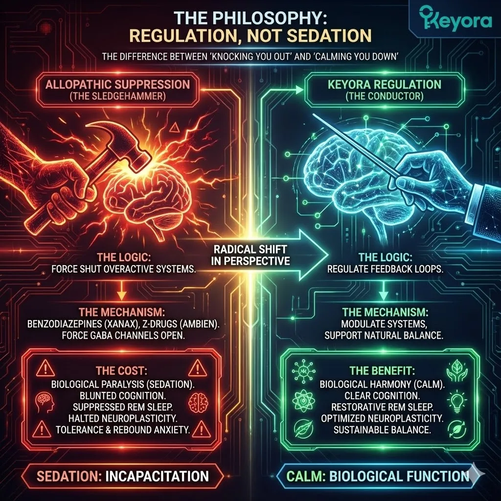 High-end scientific render depicting the contrast between Regulation and Sedation. The 3D visual illustrates the "Logic of the Sledgehammer" as a crude force locking the neural architecture into a state of biological paralysis. Metallic textures and cinematic lighting show the suppression of REM sleep and the halting of neuroplasticity, while vibrant gold roots symbolize the alternative: a systemic calm that maintains cognitive integrity. This architectural schematic defines the cost of Allopathic Suppression and the necessity of Neuro-Engineering for functional sovereignty. High-end scientific render depicting the contrast between Regulation and Sedation. The 3D visual illustrates the "Logic of the Sledgehammer" as a crude force locking the neural architecture into a state of biological paralysis. Metallic textures and cinematic lighting show the suppression of REM sleep and the halting of neuroplasticity, while vibrant gold roots symbolize the alternative: a systemic calm that maintains cognitive integrity. This architectural schematic defines the cost of Allopathic Suppression and the necessity of Neuro-Engineering for functional sovereignty.