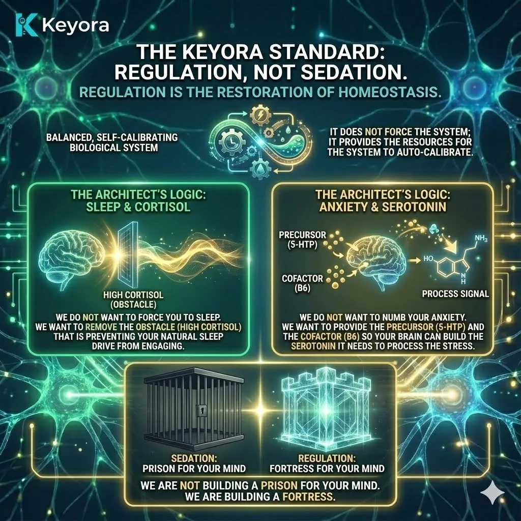 High-end scientific render depicting the philosophy of Regulation versus Sedation. The visual illustrates the "Architecture of Repair" within the neural synapse, where 5-HTP and B6 are shown as structural reinforcements instead of crude suppressors. Glowing golden roots symbolize the restoration of Homeostasis, removing obstacles like High Cortisol to allow the natural system to auto-calibrate. This functional schematic maps the transition from a mental prison of numbness to a high-performance biological fortress built on systemic autonomy. High-end scientific render depicting the philosophy of Regulation versus Sedation. The visual illustrates the "Architecture of Repair" within the neural synapse, where 5-HTP and B6 are shown as structural reinforcements instead of crude suppressors. Glowing golden roots symbolize the restoration of Homeostasis, removing obstacles like High Cortisol to allow the natural system to auto-calibrate. This functional schematic maps the transition from a mental prison of numbness to a high-performance biological fortress built on systemic autonomy.