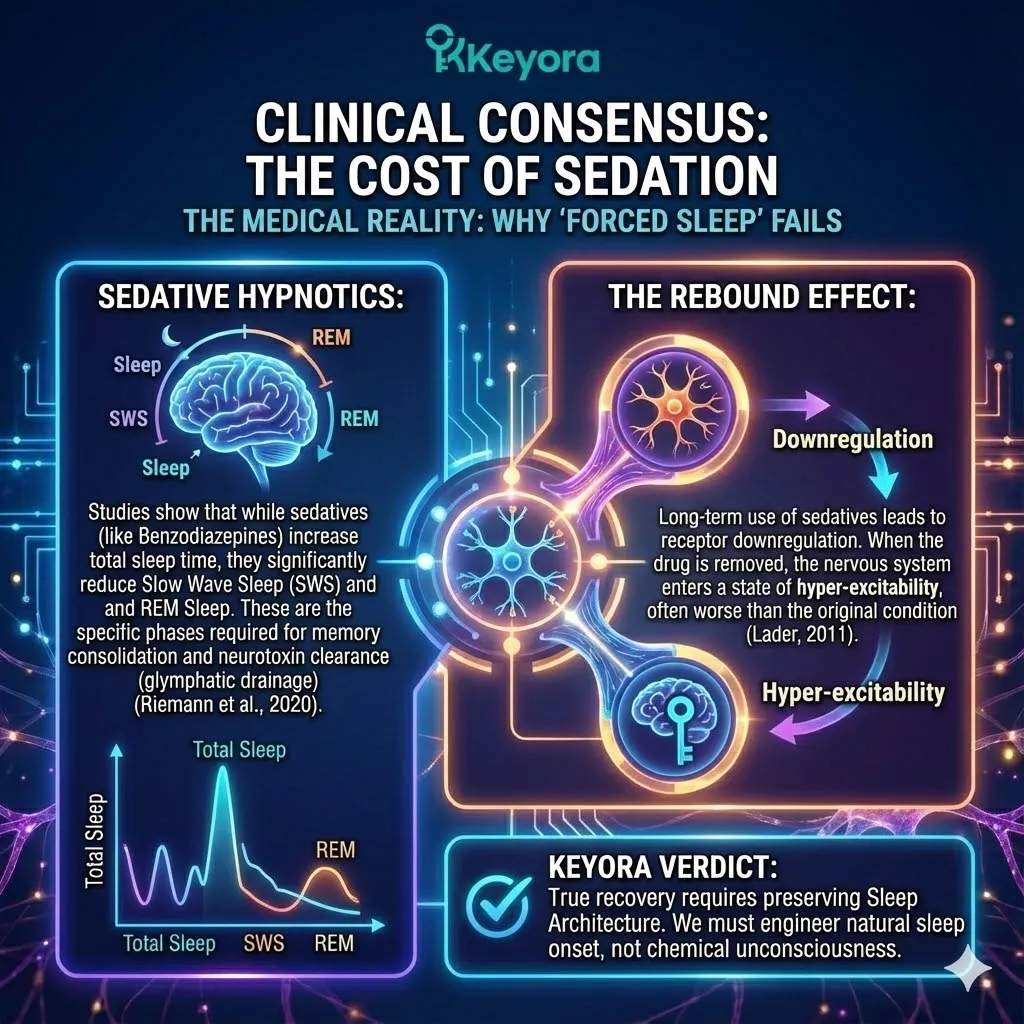 High-end scientific render depicting the disruption of Sleep Architecture caused by Sedative Hypnotics. The 3D visual illustrates the suppression of Slow Wave Sleep (SWS) and the blockade of glymphatic drainage, showing a buildup of neural debris. Metallic textures and cinematic lighting contrast chemical unconsciousness with the engineered preservation of REM cycles. This functional schematic maps the receptor downregulation of the "Rebound Effect," proving that true recovery requires the strategic restoration of natural sleep onset within the Four-Drive System. High-end scientific render depicting the disruption of Sleep Architecture caused by Sedative Hypnotics. The 3D visual illustrates the suppression of Slow Wave Sleep (SWS) and the blockade of glymphatic drainage, showing a buildup of neural debris. Metallic textures and cinematic lighting contrast chemical unconsciousness with the engineered preservation of REM cycles. This functional schematic maps the receptor downregulation of the "Rebound Effect," proving that true recovery requires the strategic restoration of natural sleep onset within the Four-Drive System.